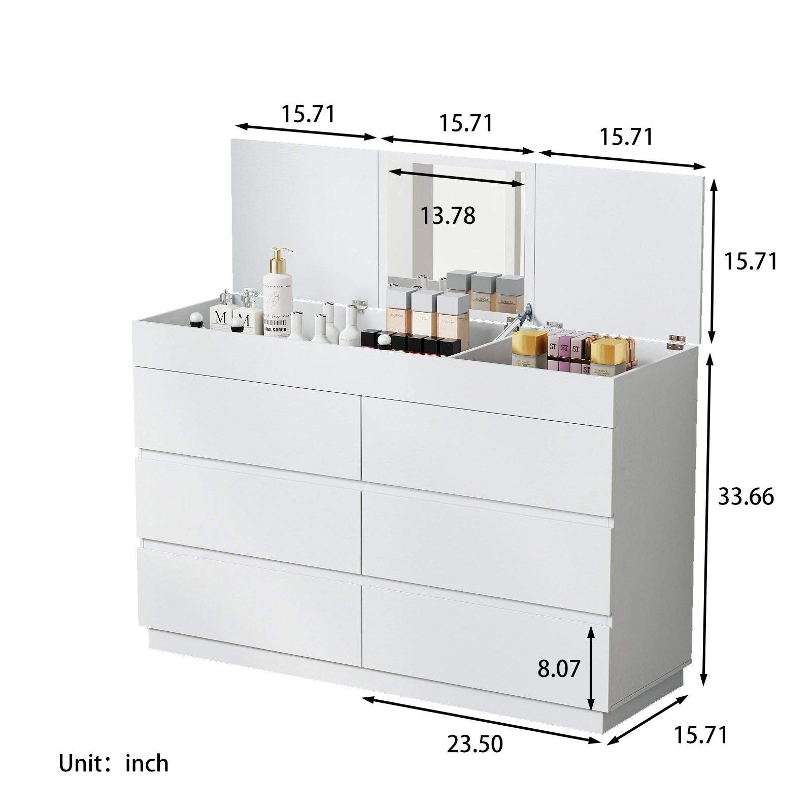 White embossed P2 12mm particleboard with melamine veneer, 120*40*85.5cm, six-drawer cabinet with mirror view 3