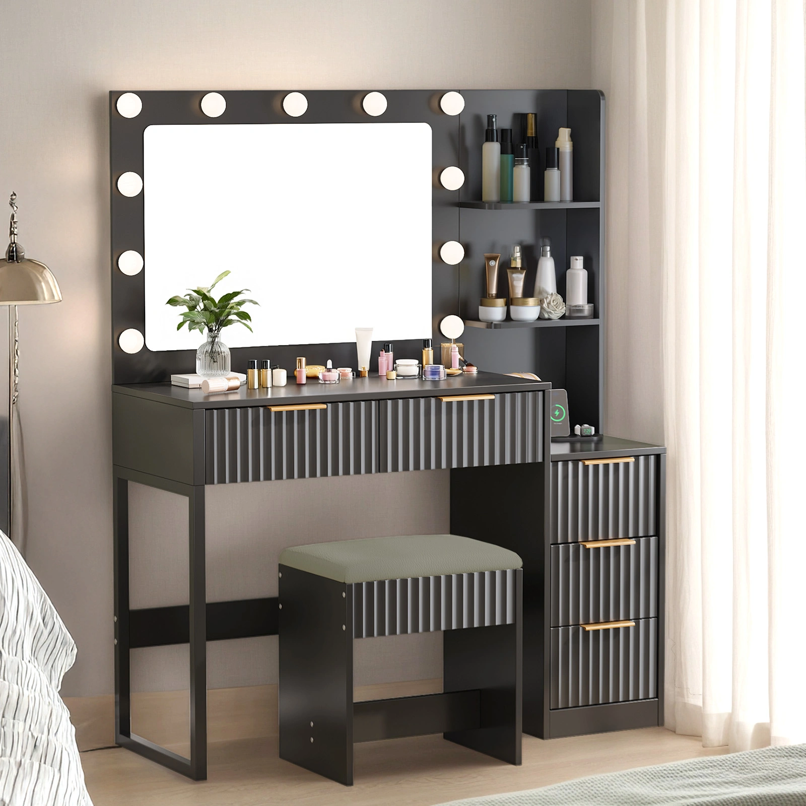 Black 5-Drawer Dressing Table with 2 Shelves Melamine Finish Particleboard 11 Three-Tone Light Bulbs Power Strip Grille
