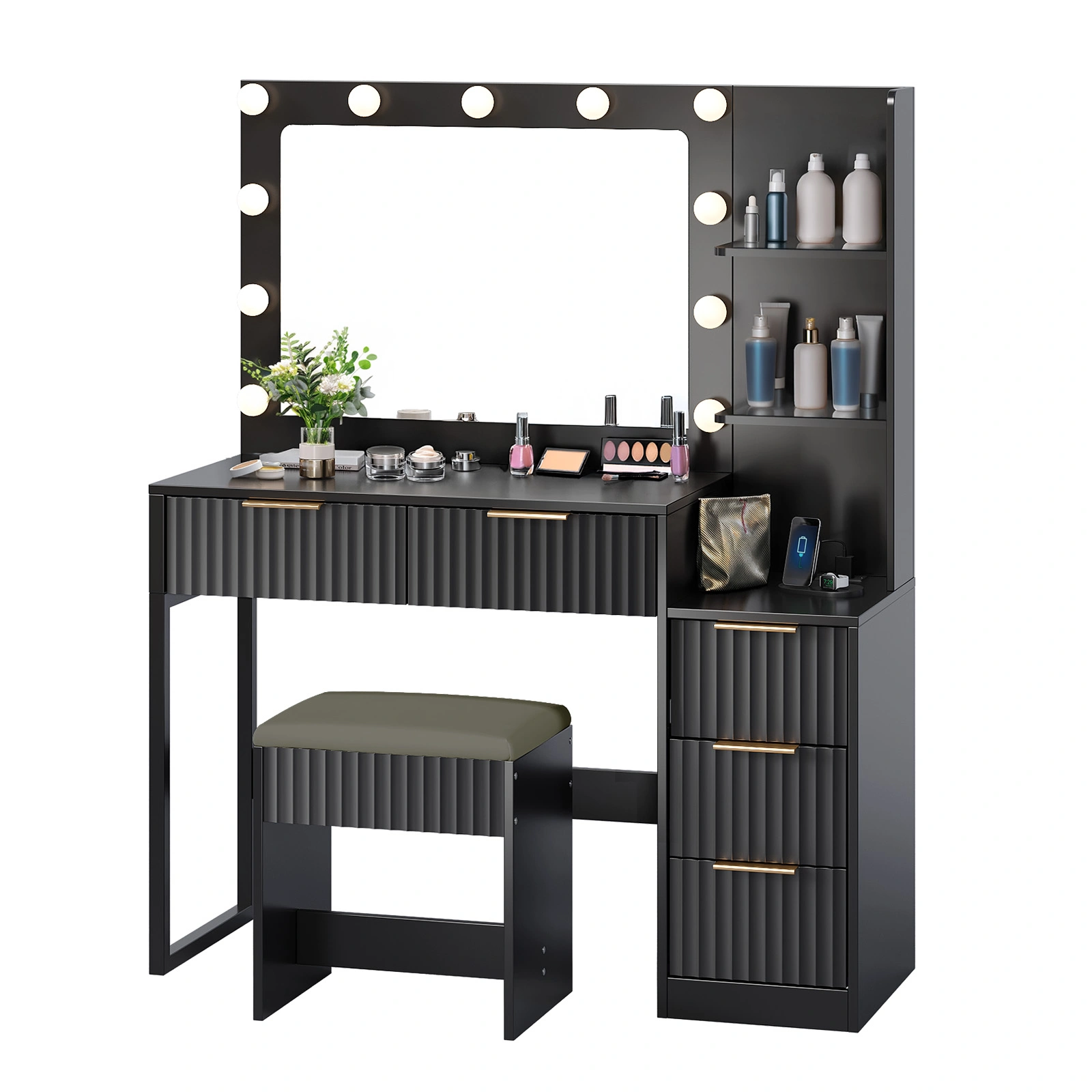 Black 5-Drawer Dressing Table with 2 Shelves Melamine Finish Particleboard 11 Three-Tone Light Bulbs Power Strip Grille view 2