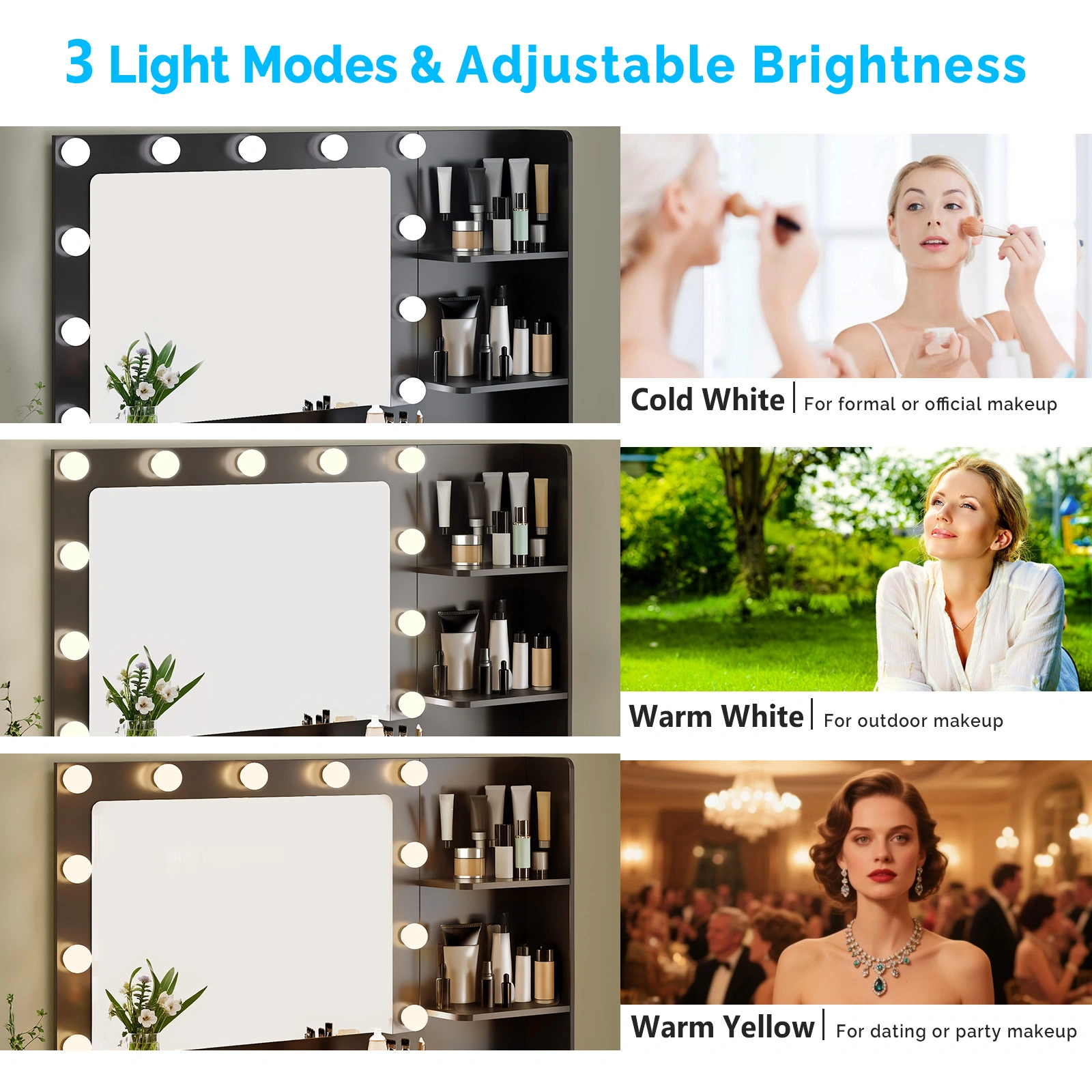 Black 5-Drawer Dressing Table with 2 Shelves Melamine Finish Particleboard 11 Three-Tone Light Bulbs Power Strip Grille view 3