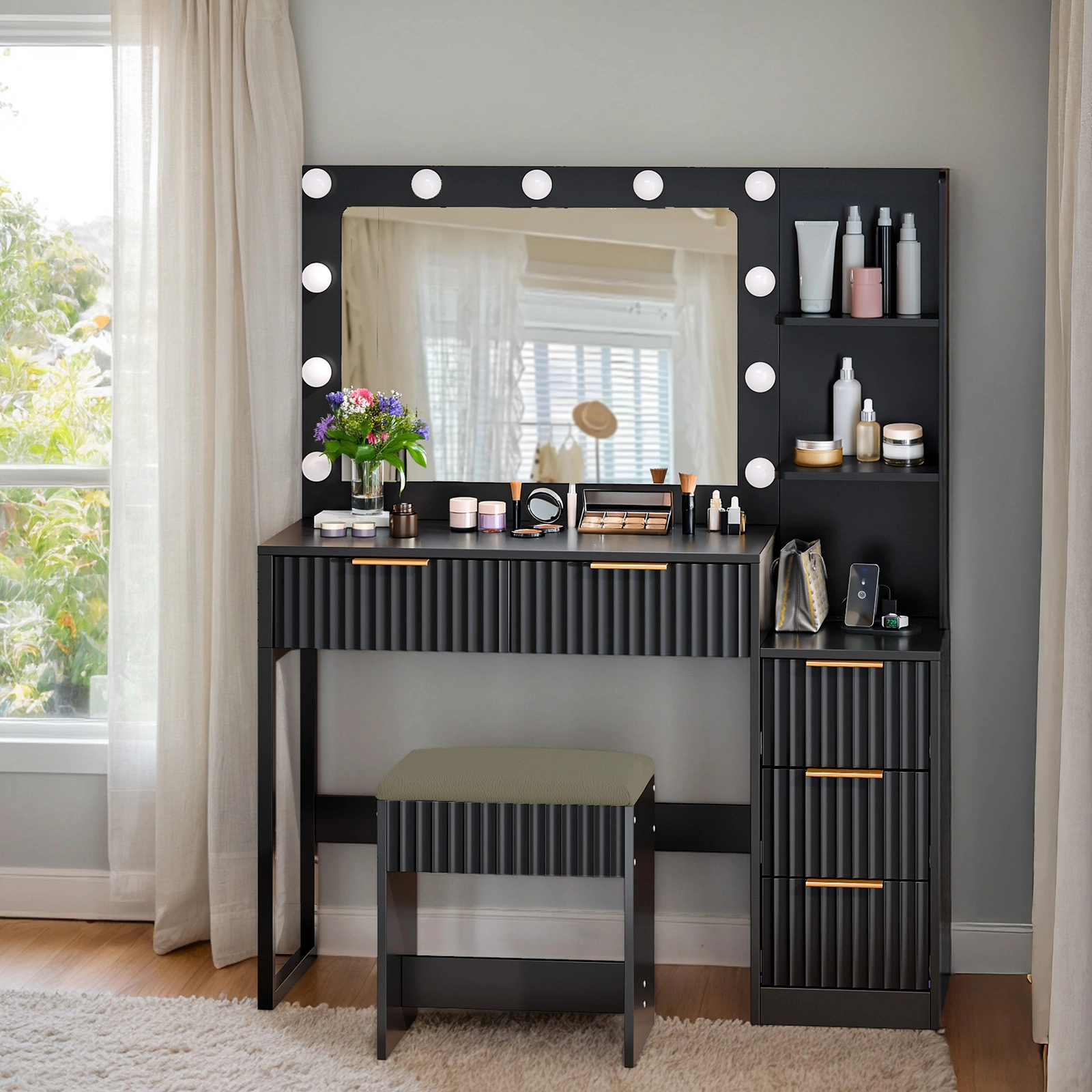 Black 5-Drawer Dressing Table with 2 Shelves Melamine Finish Particleboard 11 Three-Tone Light Bulbs Power Strip Grille view 4