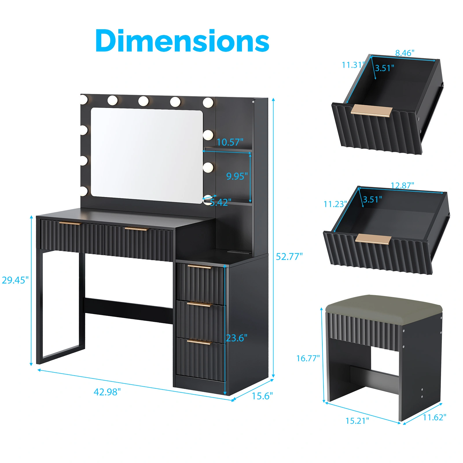 Black 5-Drawer Dressing Table with 2 Shelves Melamine Finish Particleboard 11 Three-Tone Light Bulbs Power Strip Grille view 5