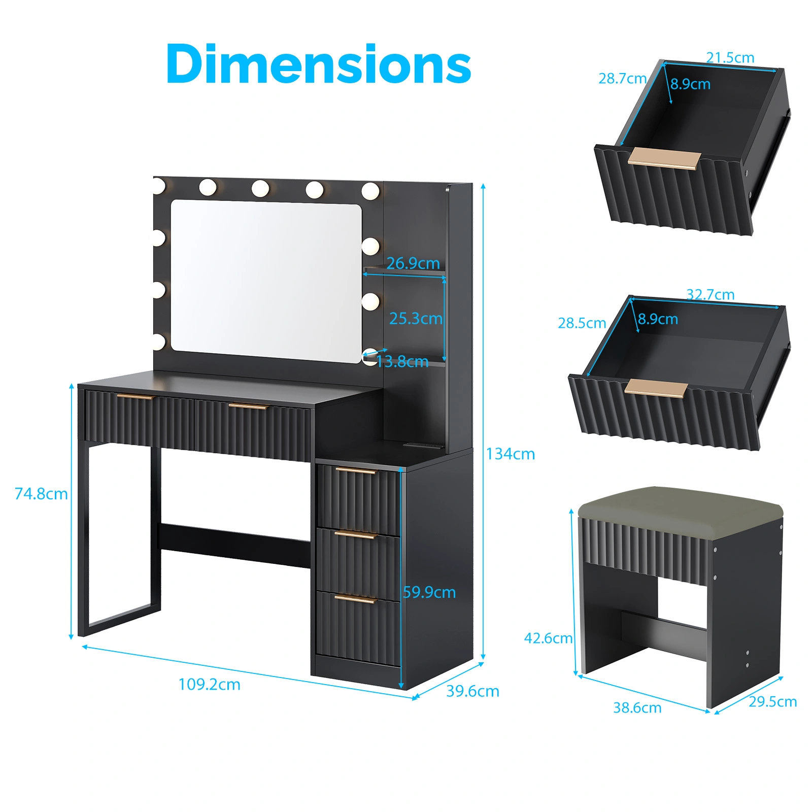 Black 5-Drawer Dressing Table with 2 Shelves Melamine Finish Particleboard 11 Three-Tone Light Bulbs Power Strip Grille view 6
