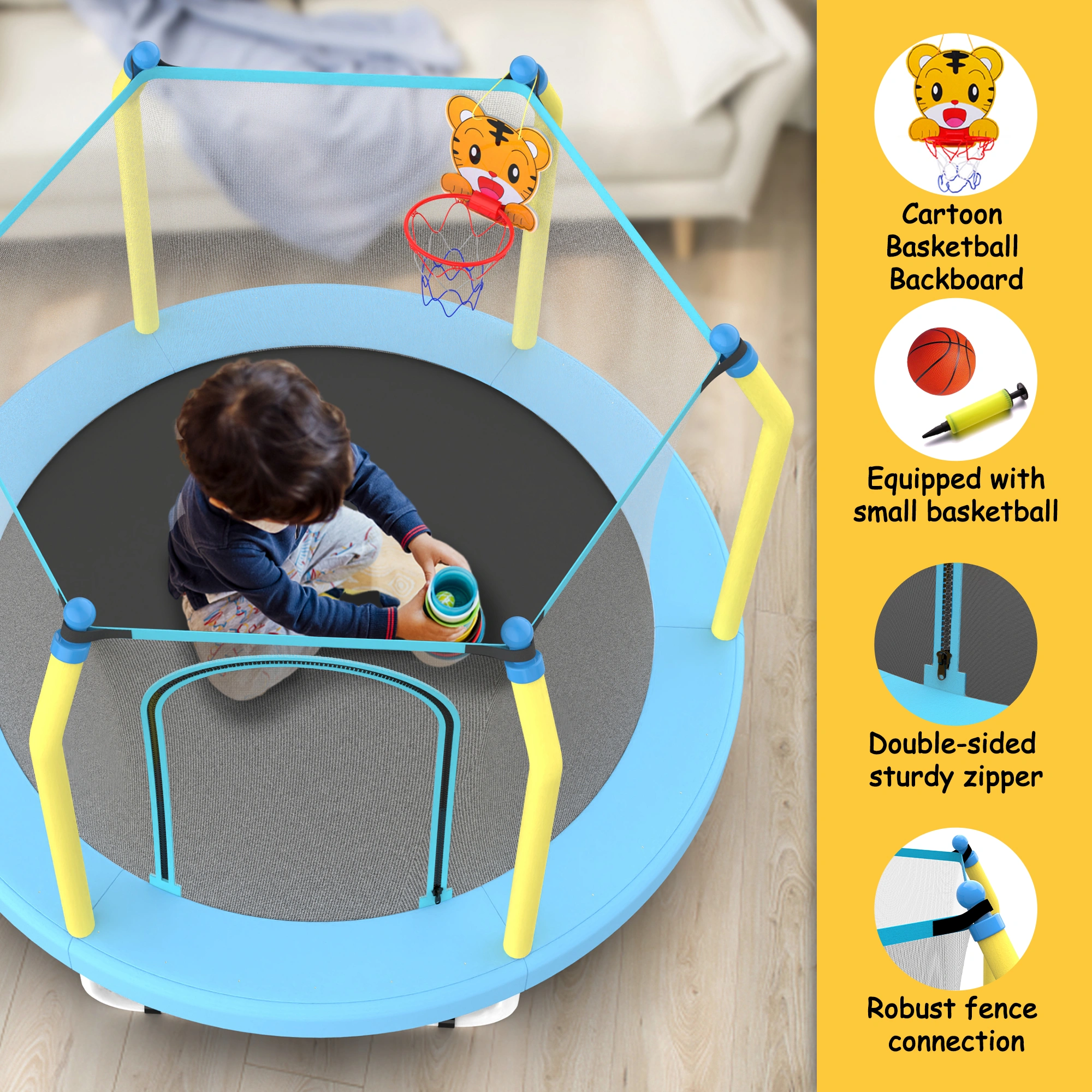 55 Inch Kids Trampoline Indoor Outdoor with Basketball Hoop, Toddler Mini Trampoline for Children view 10