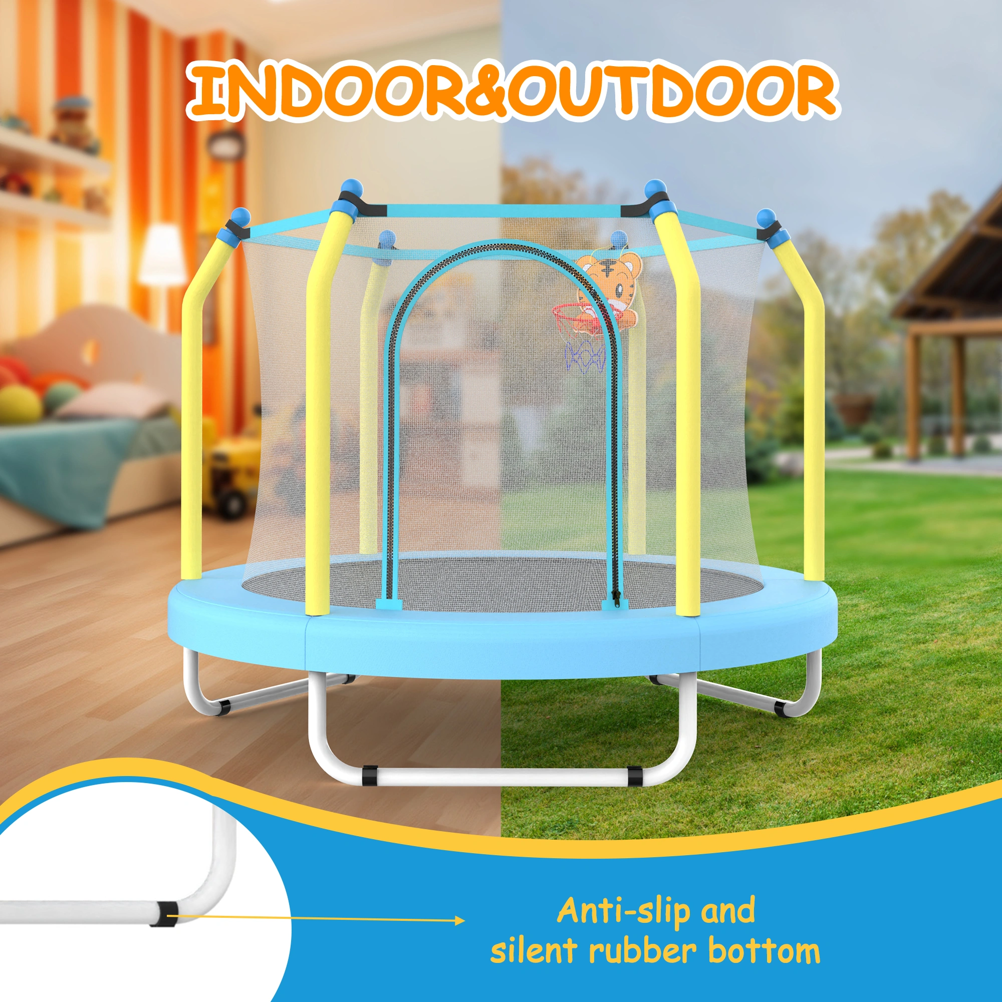 55 Inch Kids Trampoline Indoor Outdoor with Basketball Hoop, Toddler Mini Trampoline for Children view 8