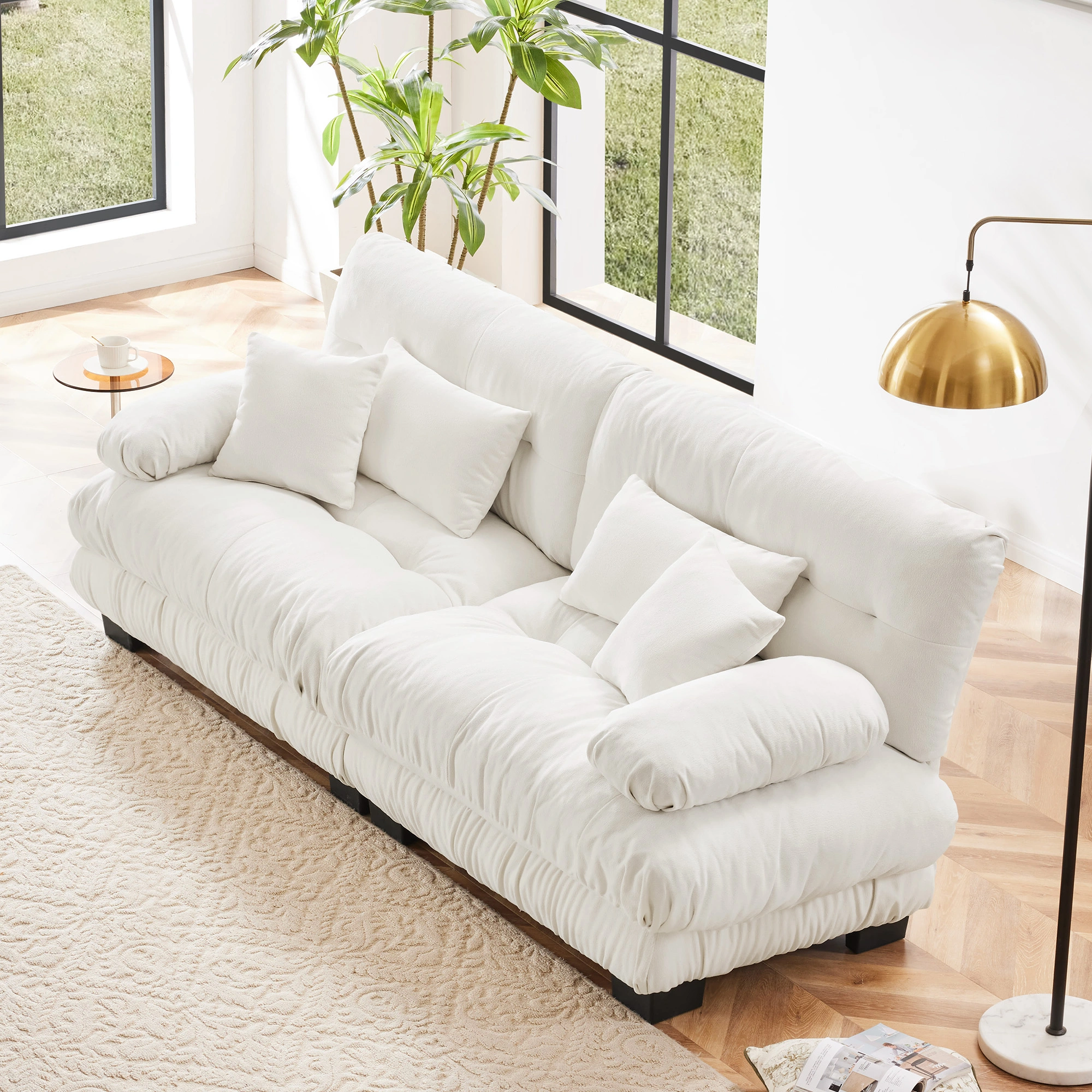 Cloud Couch 2 Seater Sofa Living Room, Chenille White 2-Seat Sofa with 2 Lumbar Pillows & 2 Throw Pillows