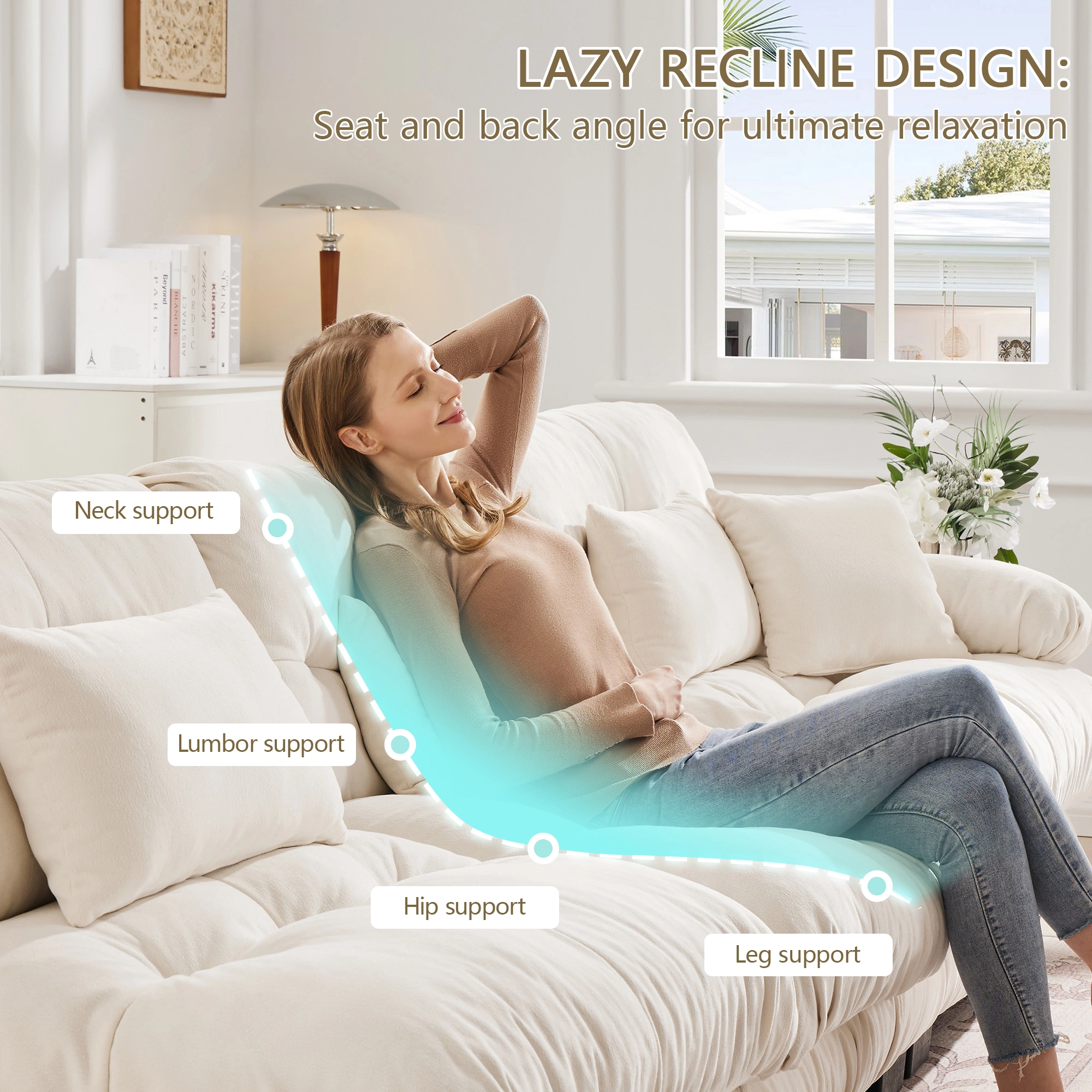 Cloud Couch 2 Seater Sofa Living Room, Chenille White 2-Seat Sofa with 2 Lumbar Pillows & 2 Throw Pillows view 8