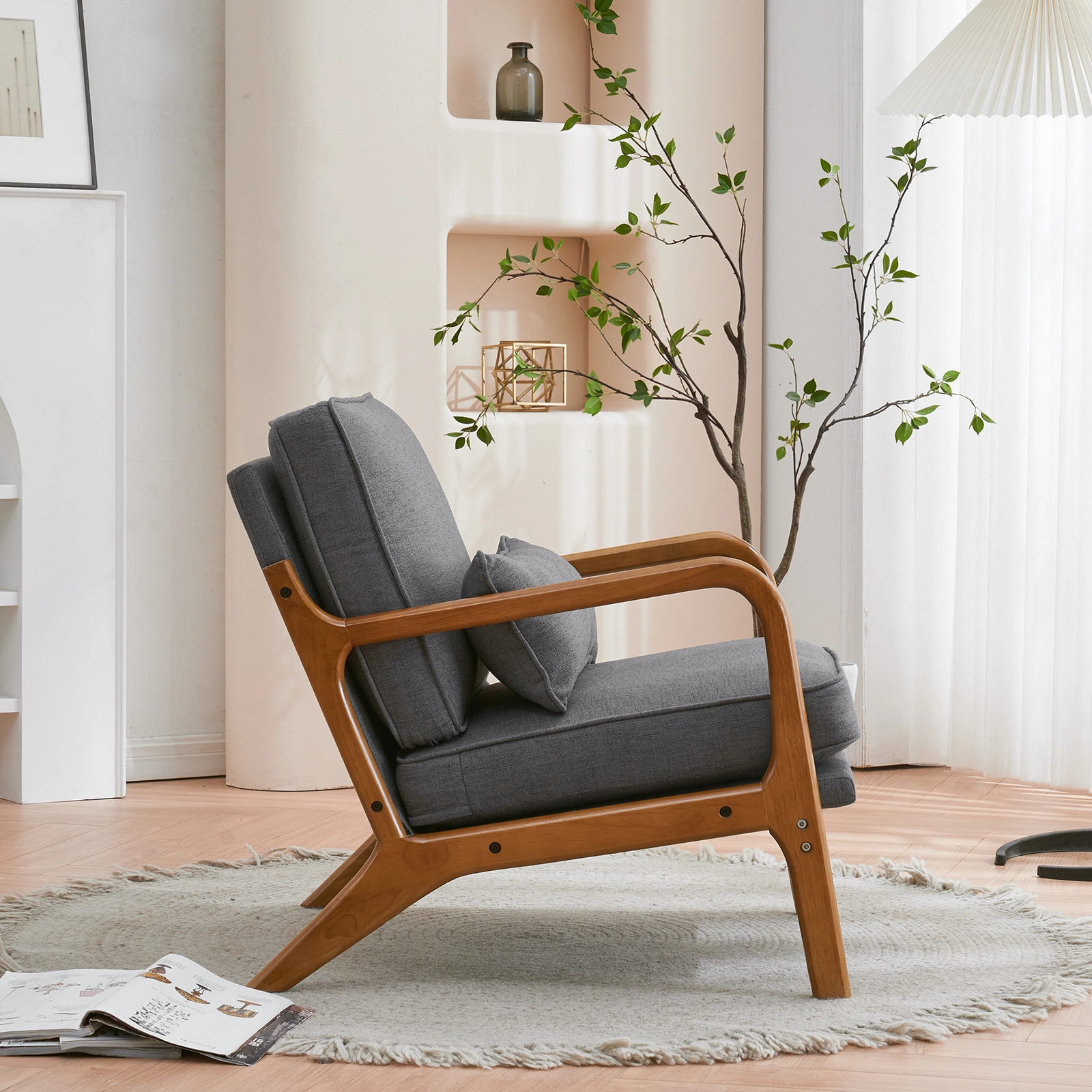 Oak Armrest Oak Upholstered Single Lounge Chair Indoor Lounge Chair Dark Grey view 29