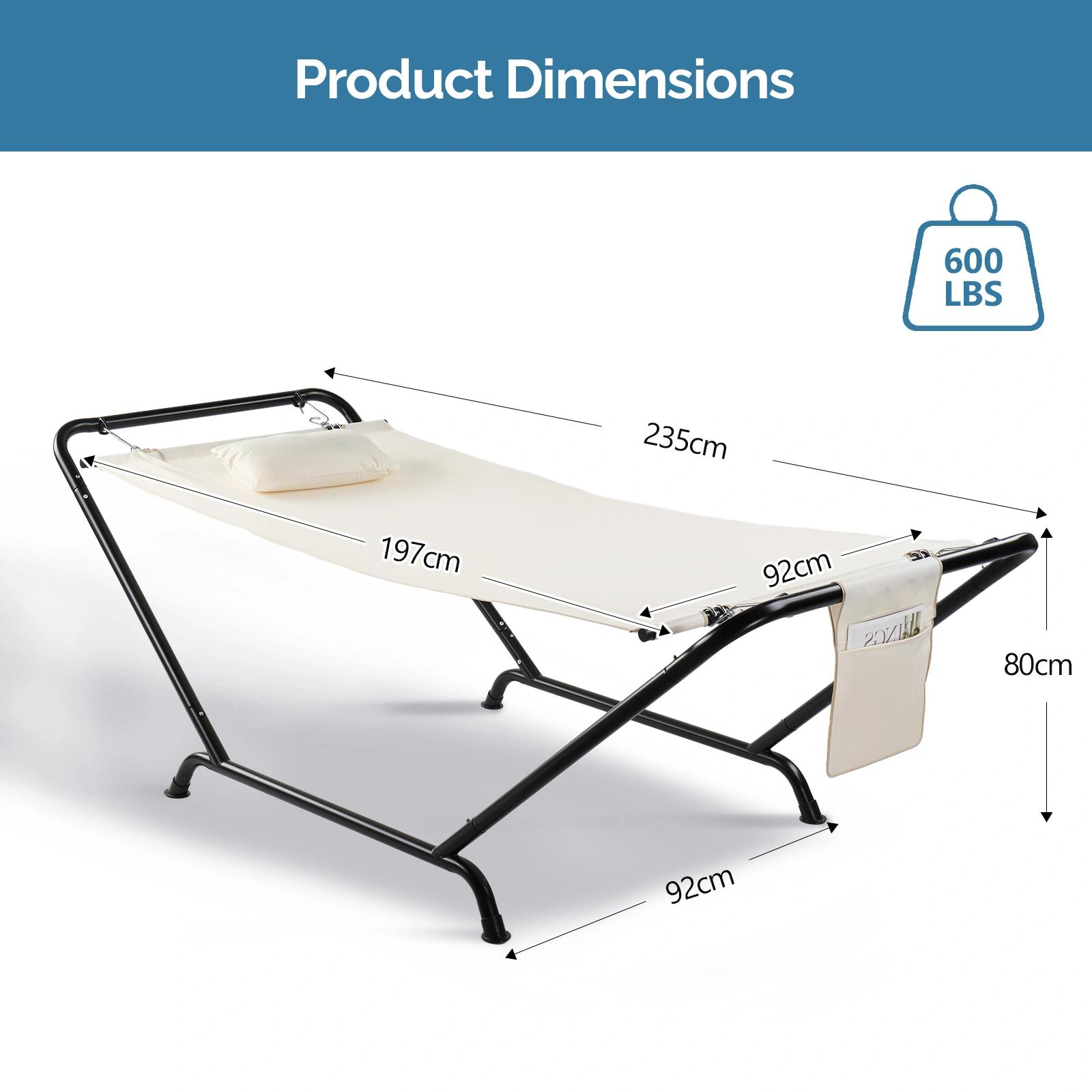 Freestanding Hammock with Stand, 600LBS Heavy Duty Outdoor Hammock Bed with Soft Pillow & Storage Bag, Beige view 7