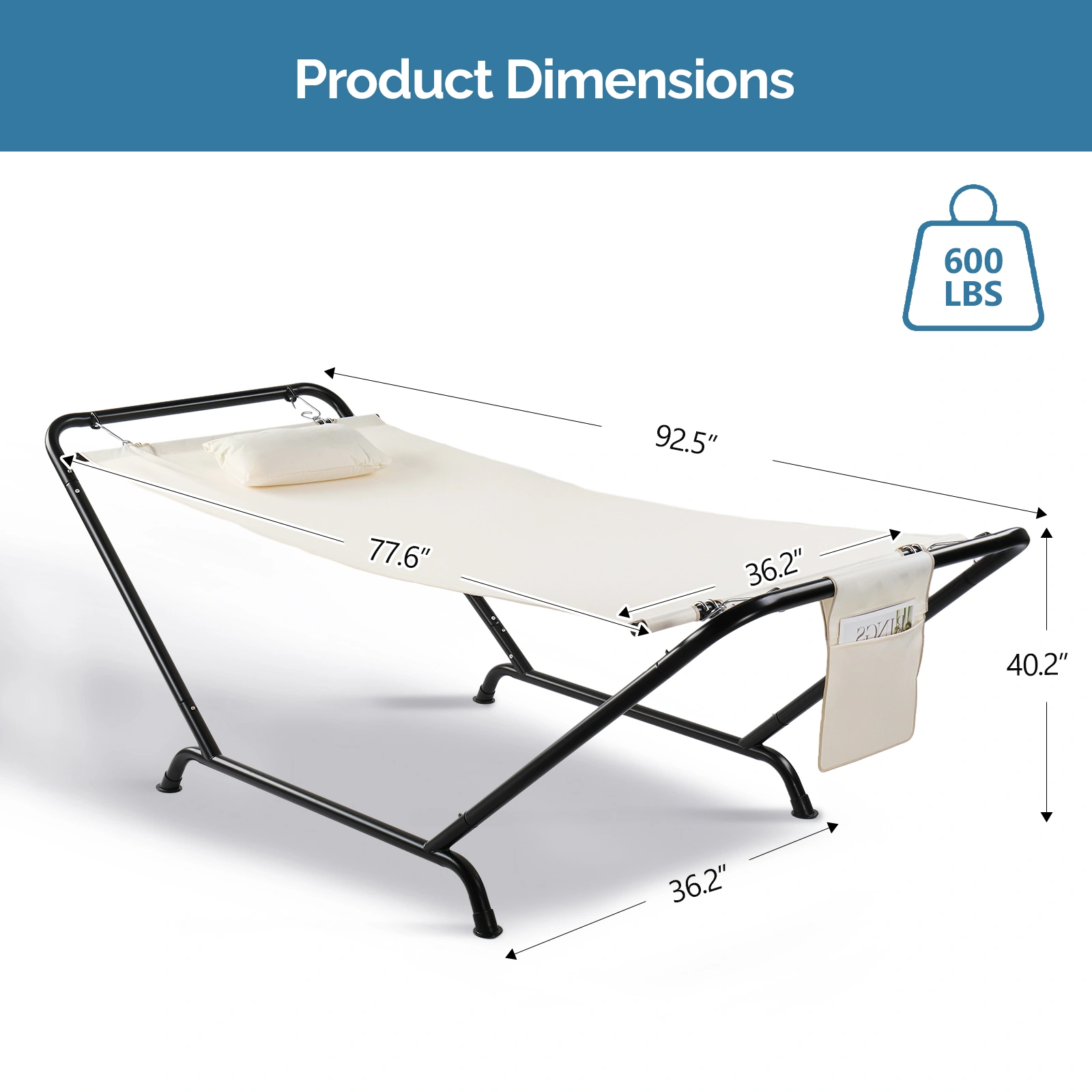 Freestanding Hammock with Stand, 600LBS Heavy Duty Outdoor Hammock Bed with Soft Pillow & Storage Bag, Beige view 8