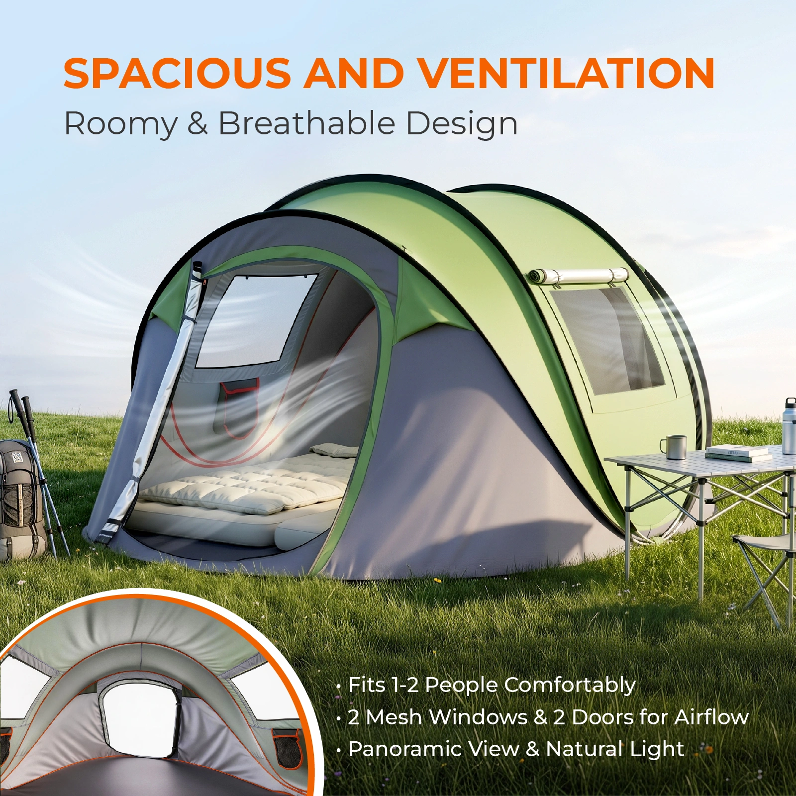 4 Person Pop Up Tent for Camping, Waterproof Instant Family Tent with Front Awning, Automatic Tent Throw Pop Up Instant Flip Pop Tent for Camping, Green view 12