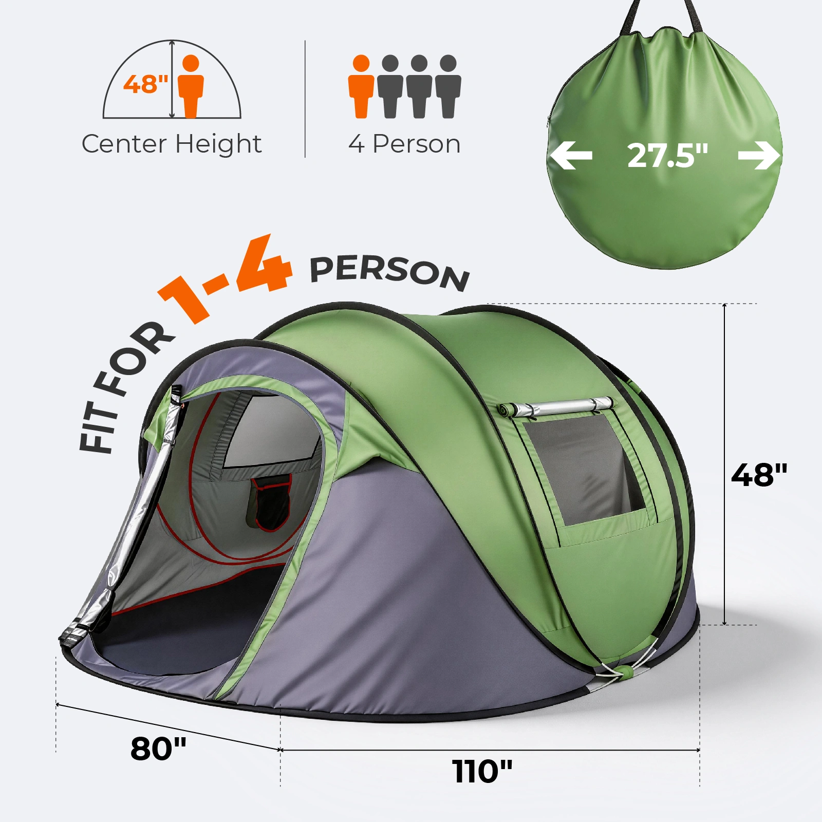 4 Person Pop Up Tent for Camping, Waterproof Instant Family Tent with Front Awning, Automatic Tent Throw Pop Up Instant Flip Pop Tent for Camping, Green view 5