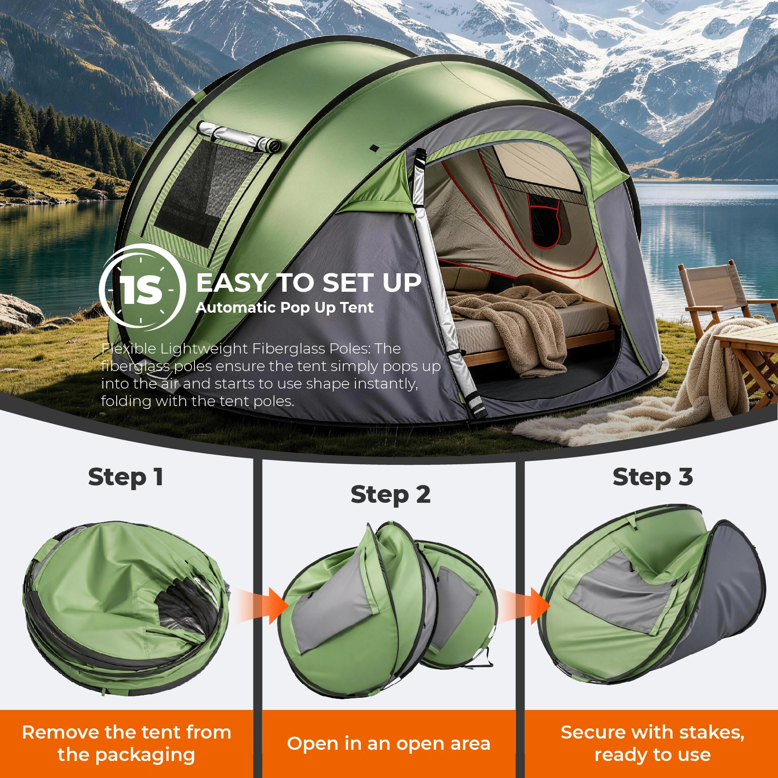 4 Person Pop Up Tent for Camping, Waterproof Instant Family Tent with Front Awning, Automatic Tent Throw Pop Up Instant Flip Pop Tent for Camping, Green view 7