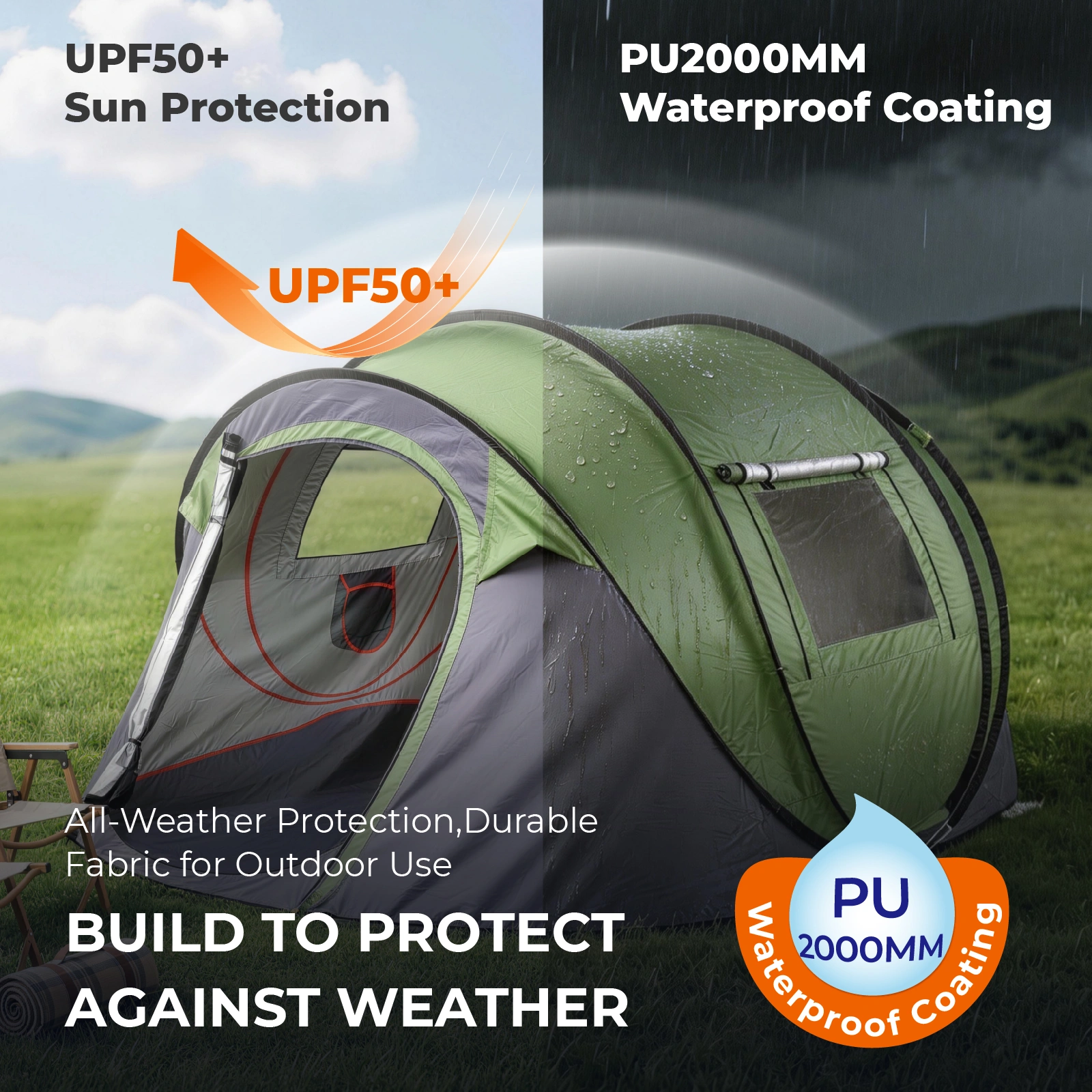 4 Person Pop Up Tent for Camping, Waterproof Instant Family Tent with Front Awning, Automatic Tent Throw Pop Up Instant Flip Pop Tent for Camping, Green view 8
