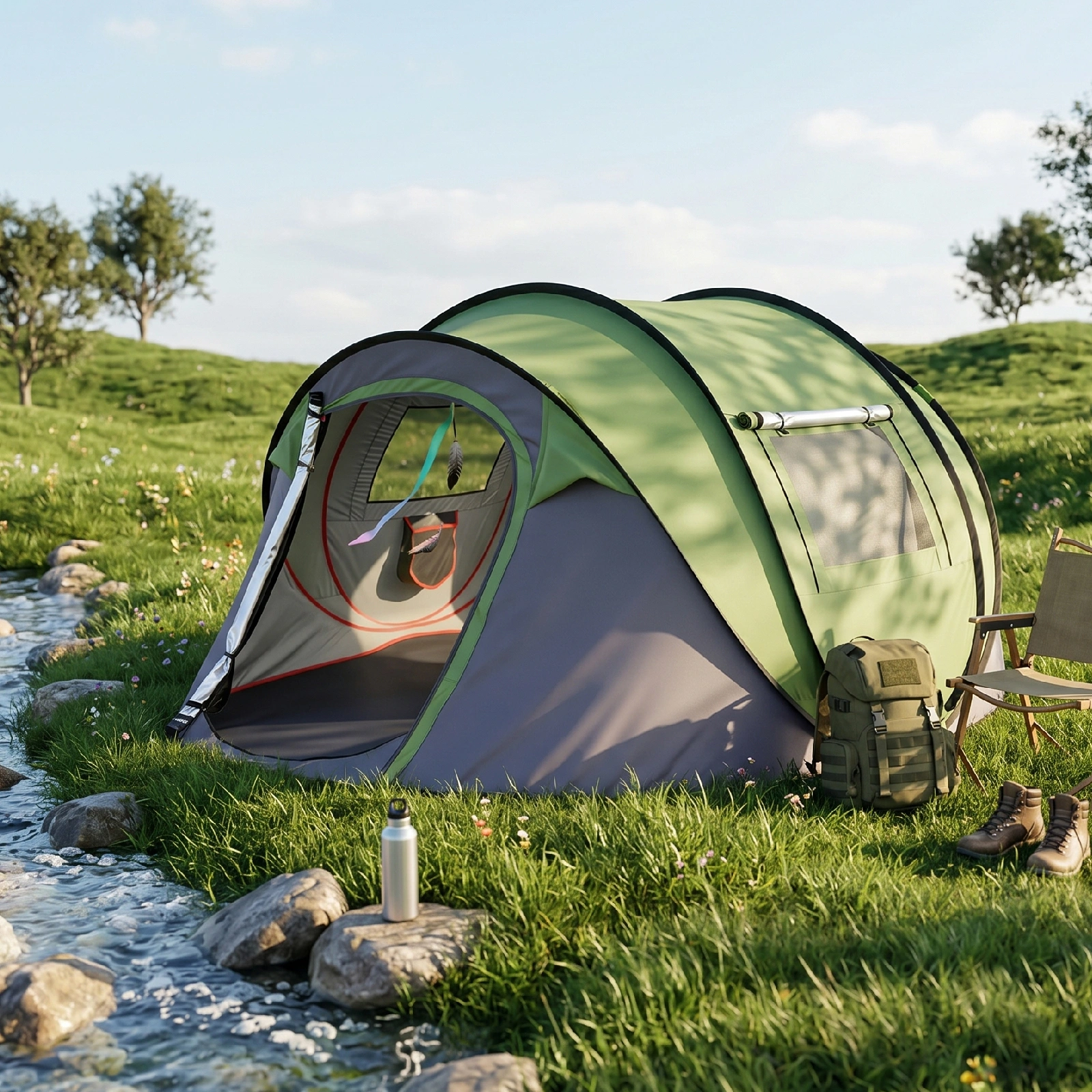 4 Person Pop Up Tent for Camping, Waterproof Instant Family Tent with Front Awning, Automatic Tent Throw Pop Up Instant Flip Pop Tent for Camping, Green view 9
