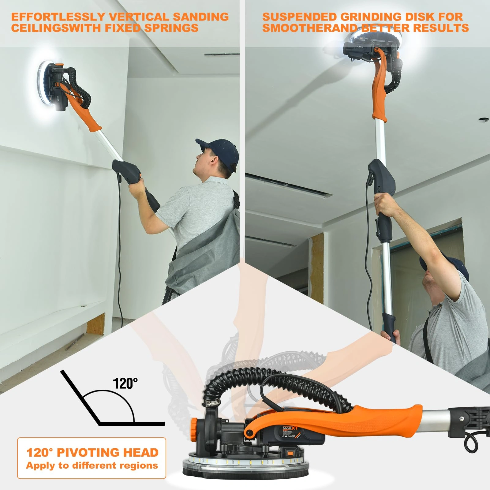 6 Inch Drywall Sander with Vacuum Dust Collection, Variable Speed Electric Wall Sander, Foldable Telescopic Popcorn Ceiling Removal Tool view 2