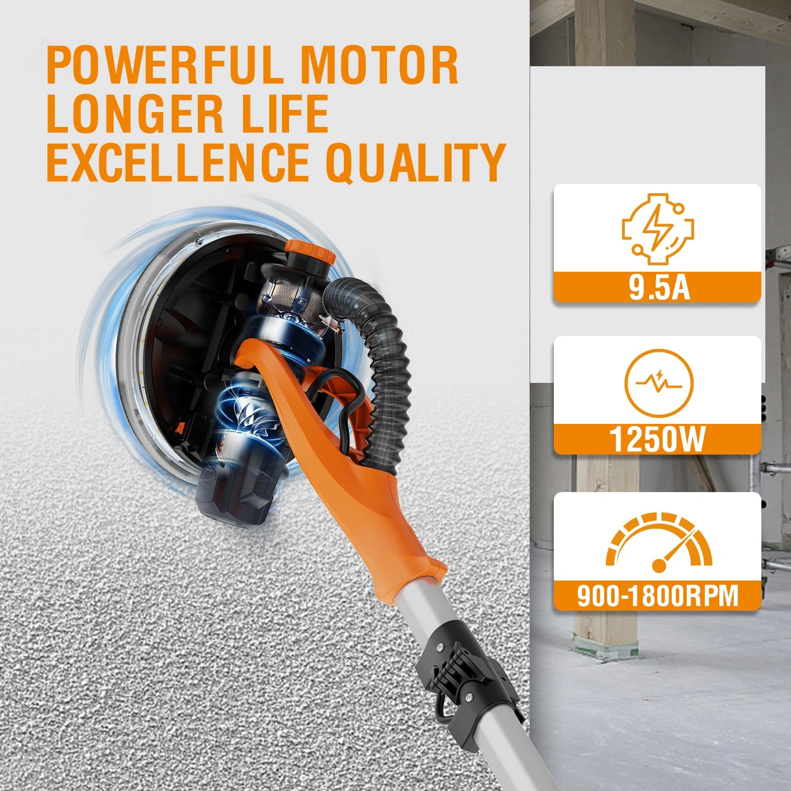 6 Inch Drywall Sander with Vacuum Dust Collection, Variable Speed Electric Wall Sander, Foldable Telescopic Popcorn Ceiling Removal Tool view 5