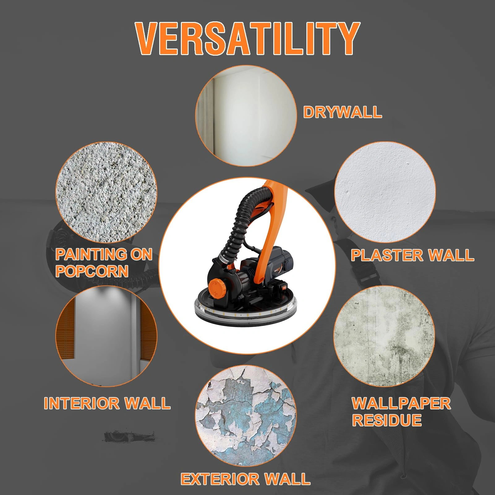 6 Inch Drywall Sander with Vacuum Dust Collection, Variable Speed Electric Wall Sander, Foldable Telescopic Popcorn Ceiling Removal Tool view 7