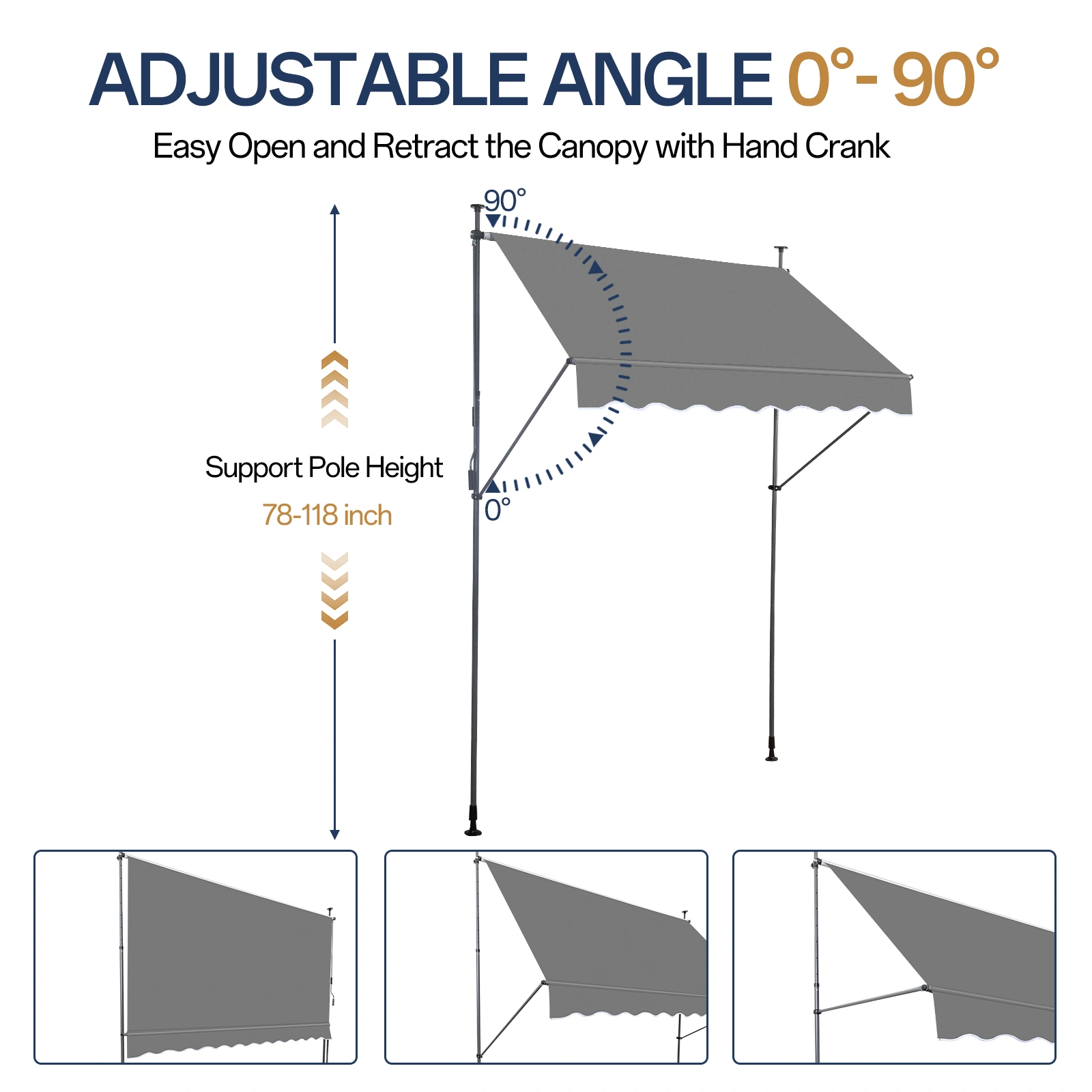 78.7"D x 47.2"W x(78.7 -118.1)"H Retractable Awning Grey view 10