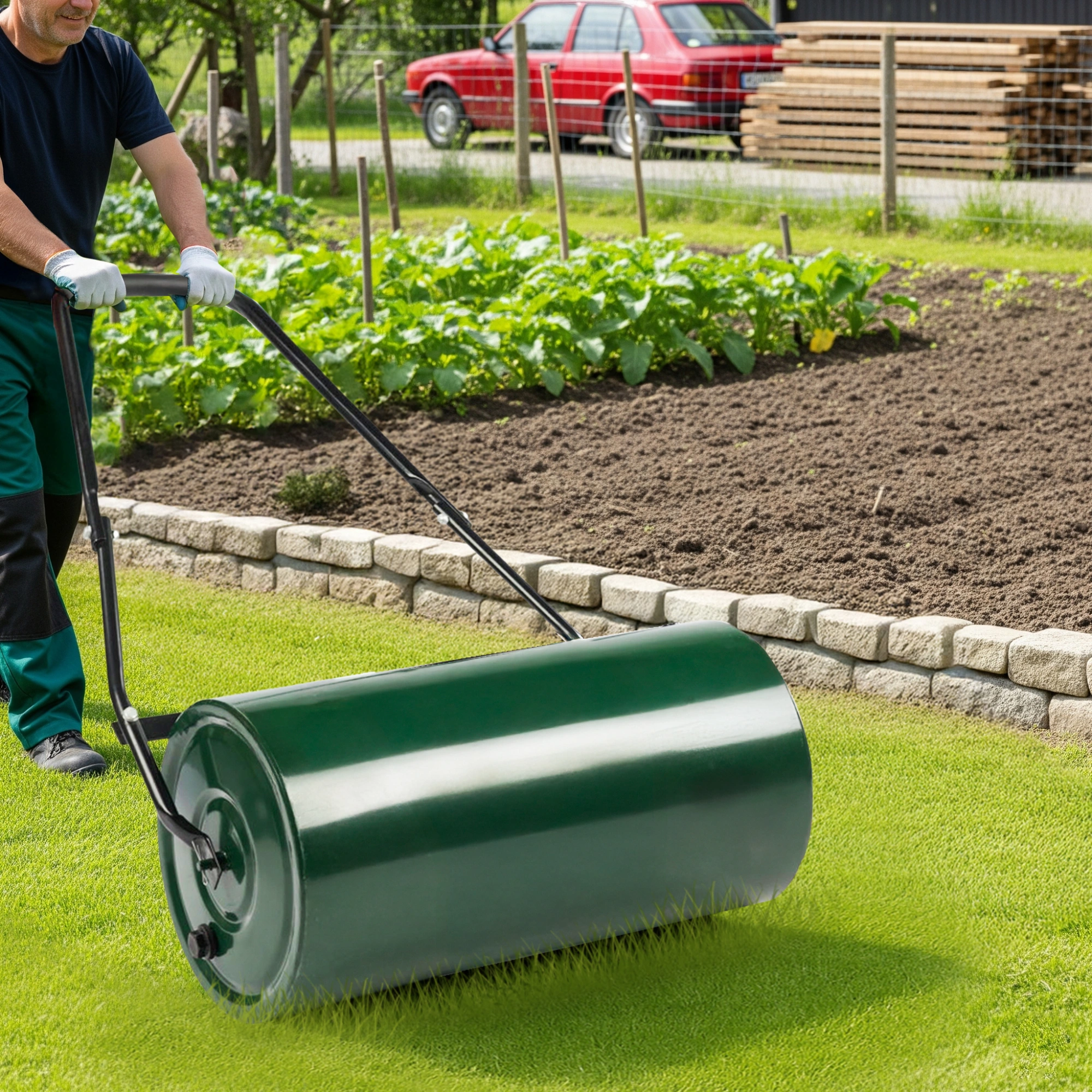 24in Heavy Duty Steel Lawn Roller, Garden Roller Can Be Filled with Water or Sand, Hand Roller with U-shaped Handle, Green & Black view 11