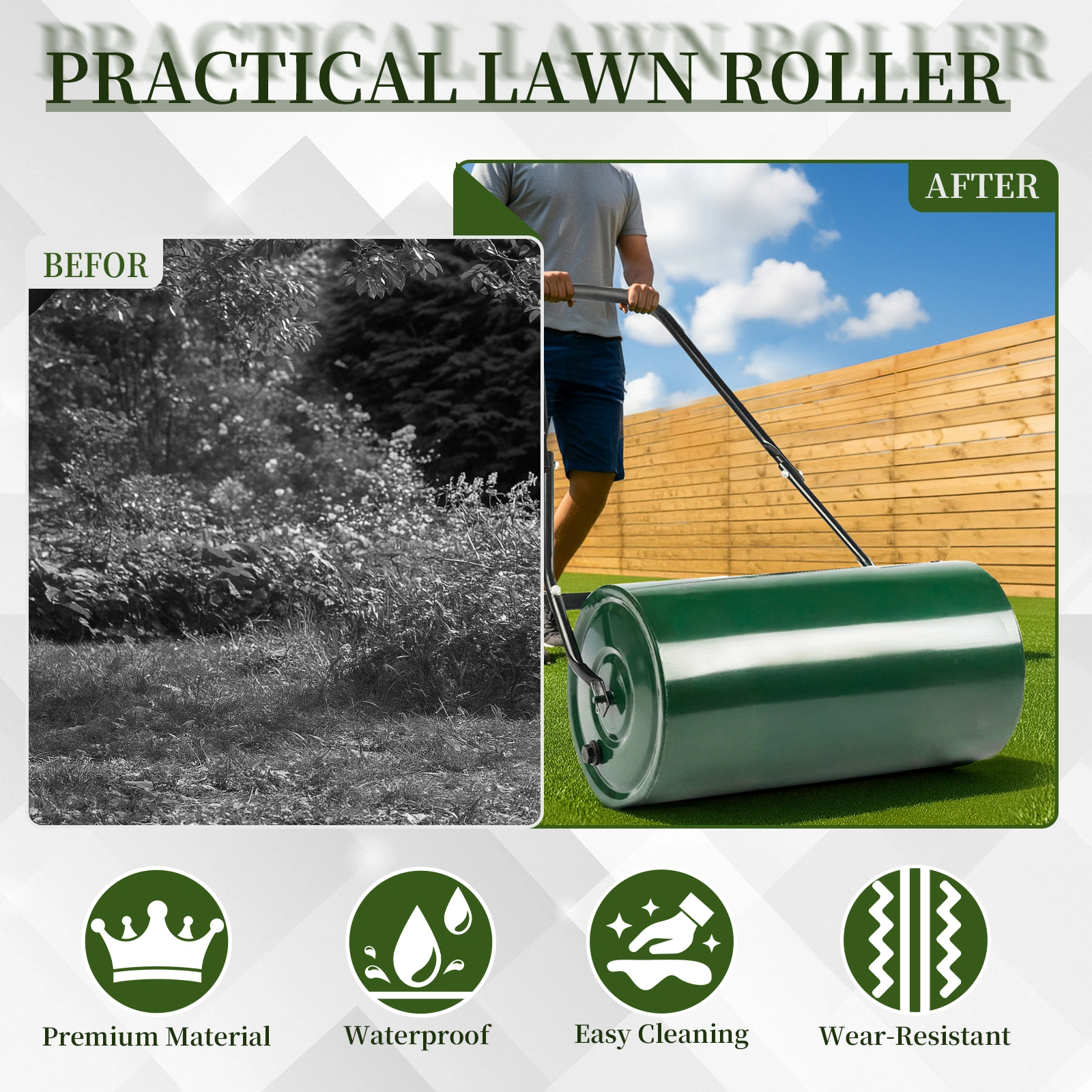 24in Heavy Duty Steel Lawn Roller, Garden Roller Can Be Filled with Water or Sand, Hand Roller with U-shaped Handle, Green & Black view 13