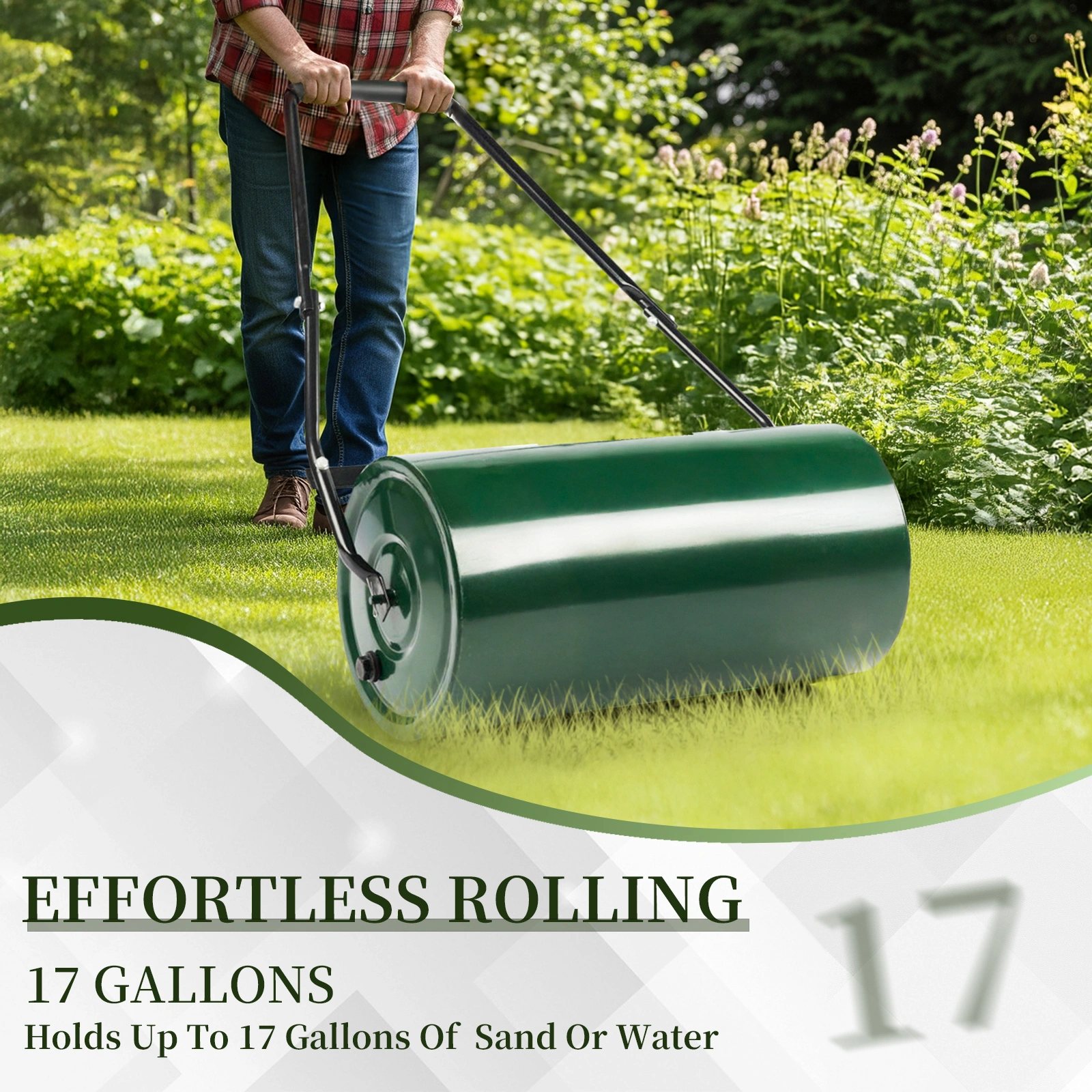 24in Heavy Duty Steel Lawn Roller, Garden Roller Can Be Filled with Water or Sand, Hand Roller with U-shaped Handle, Green & Black view 14