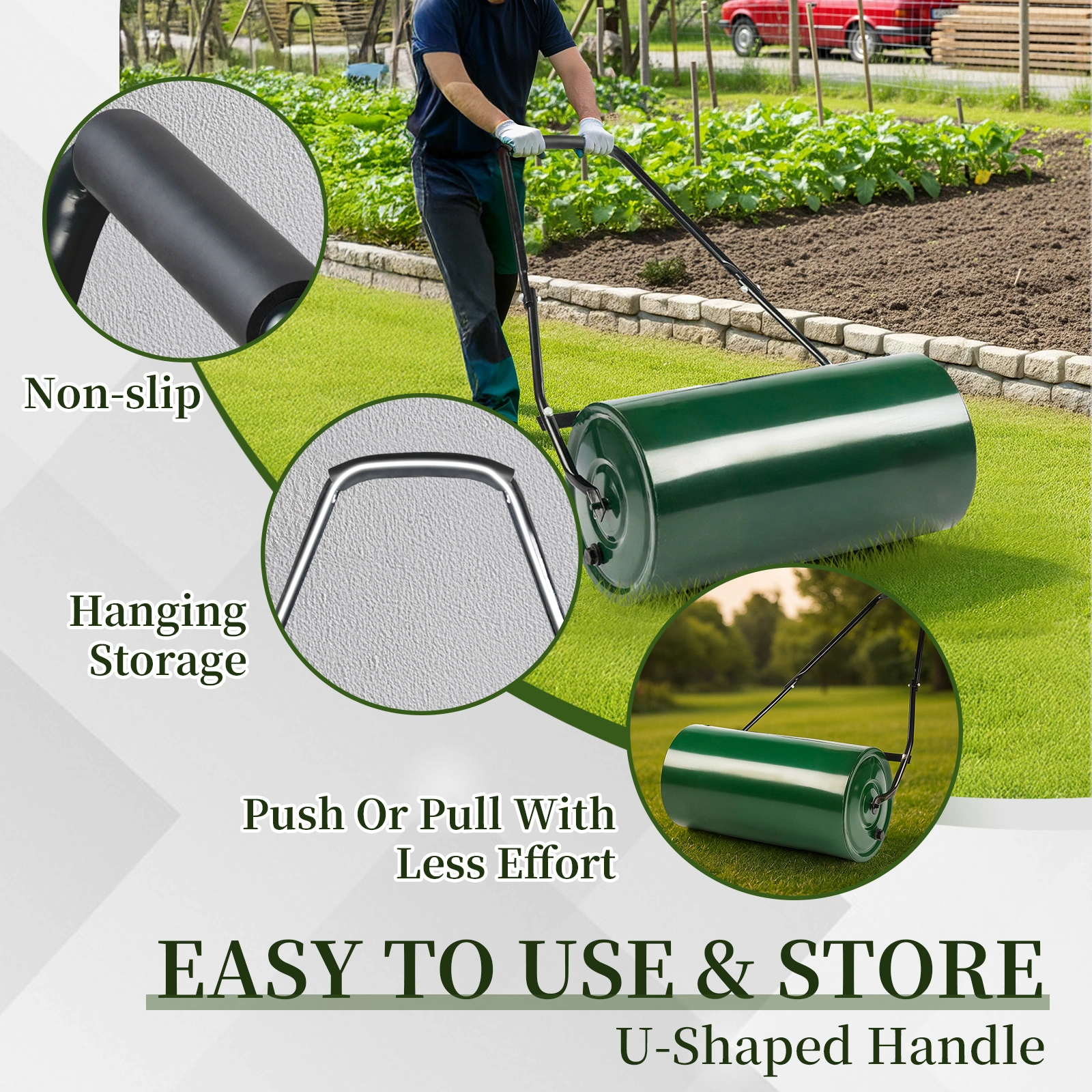 24in Heavy Duty Steel Lawn Roller, Garden Roller Can Be Filled with Water or Sand, Hand Roller with U-shaped Handle, Green & Black view 15