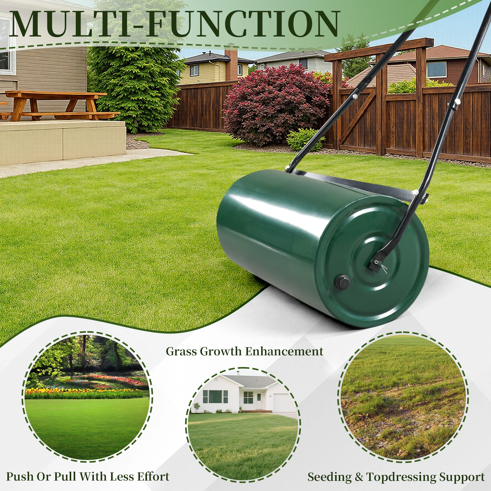 24in Heavy Duty Steel Lawn Roller, Garden Roller Can Be Filled with Water or Sand, Hand Roller with U-shaped Handle, Green & Black view 16