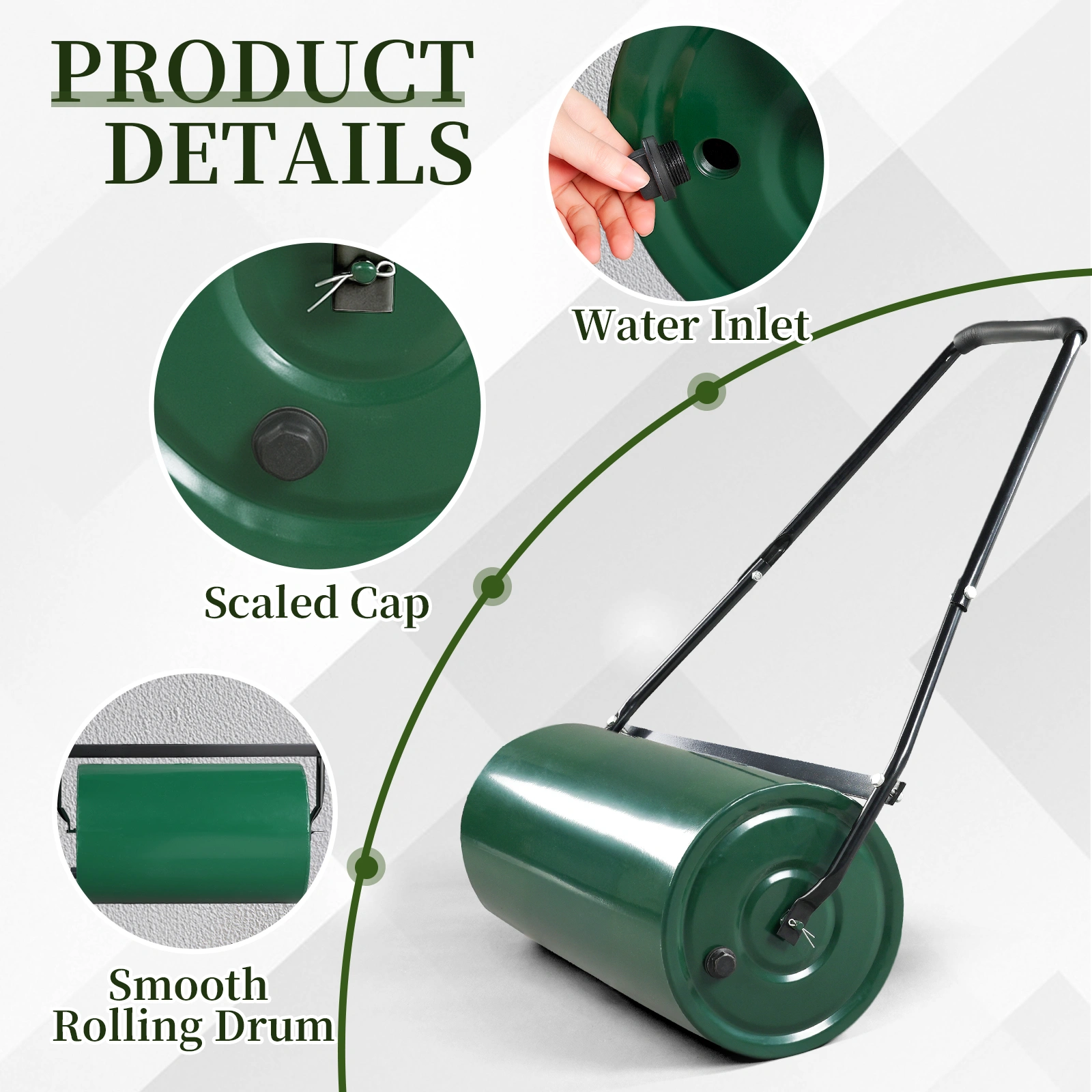 24in Heavy Duty Steel Lawn Roller, Garden Roller Can Be Filled with Water or Sand, Hand Roller with U-shaped Handle, Green & Black view 17