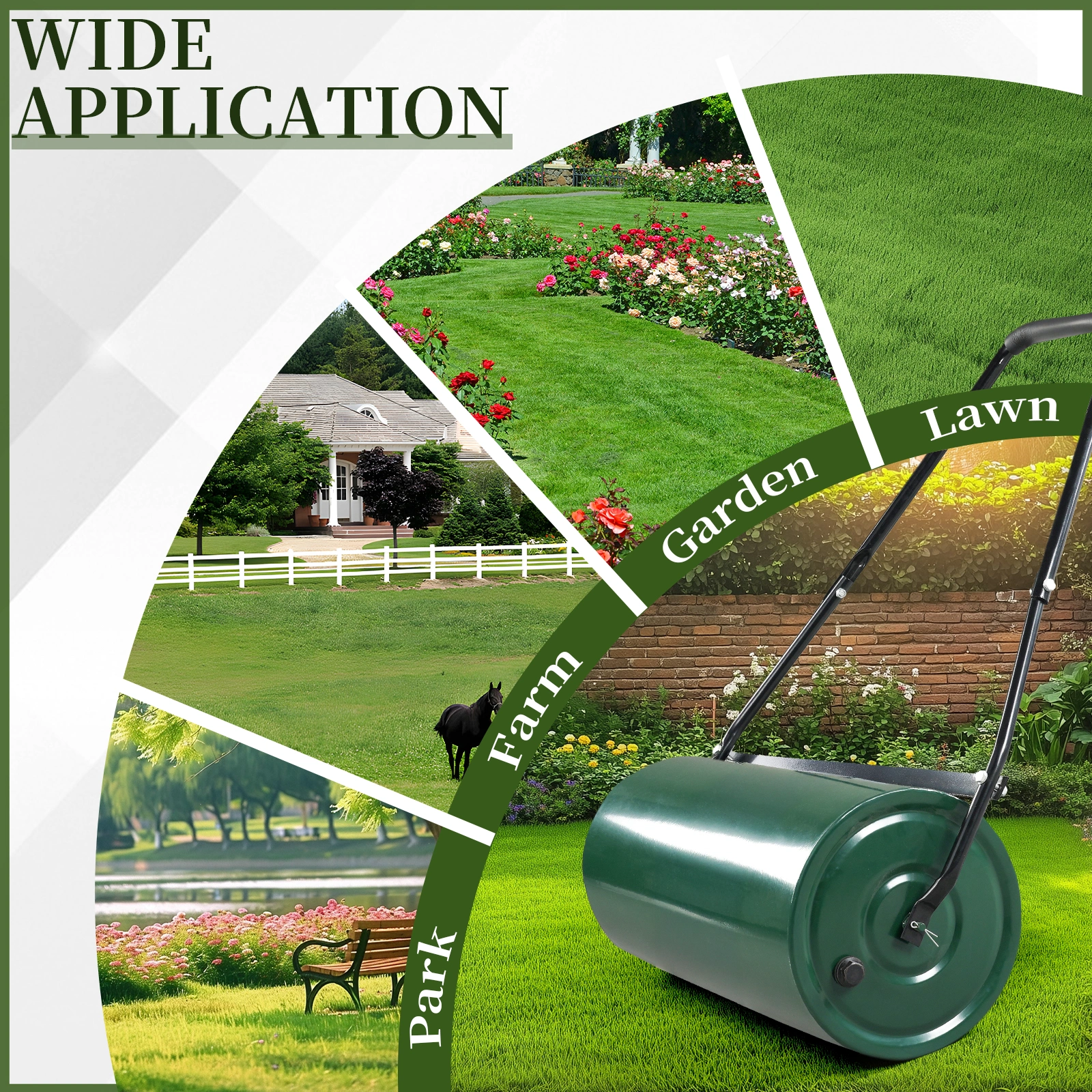 24in Heavy Duty Steel Lawn Roller, Garden Roller Can Be Filled with Water or Sand, Hand Roller with U-shaped Handle, Green & Black view 18