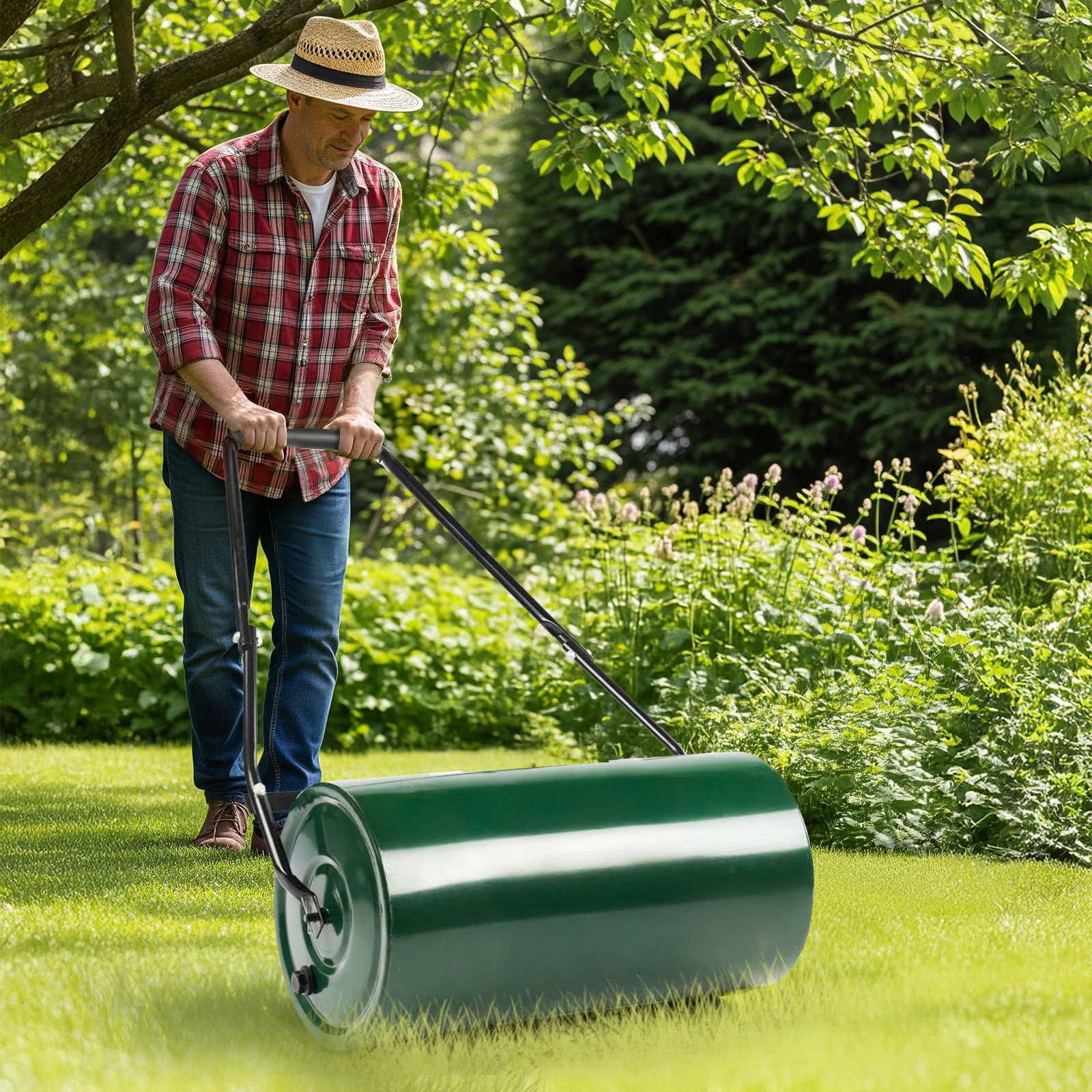 24in Heavy Duty Steel Lawn Roller, Garden Roller Can Be Filled with Water or Sand, Hand Roller with U-shaped Handle, Green & Black view 7