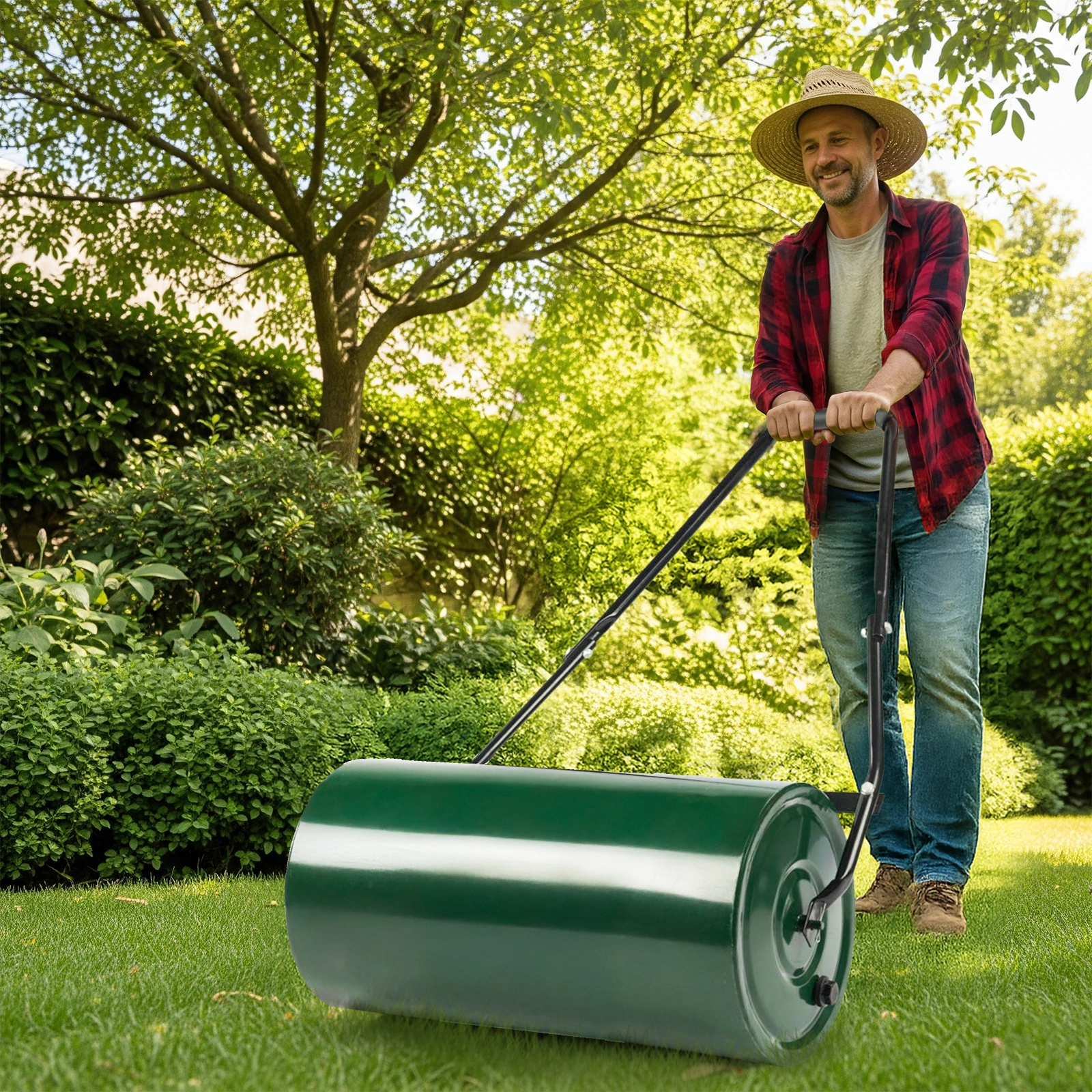 24in Heavy Duty Steel Lawn Roller, Garden Roller Can Be Filled with Water or Sand, Hand Roller with U-shaped Handle, Green & Black view 8