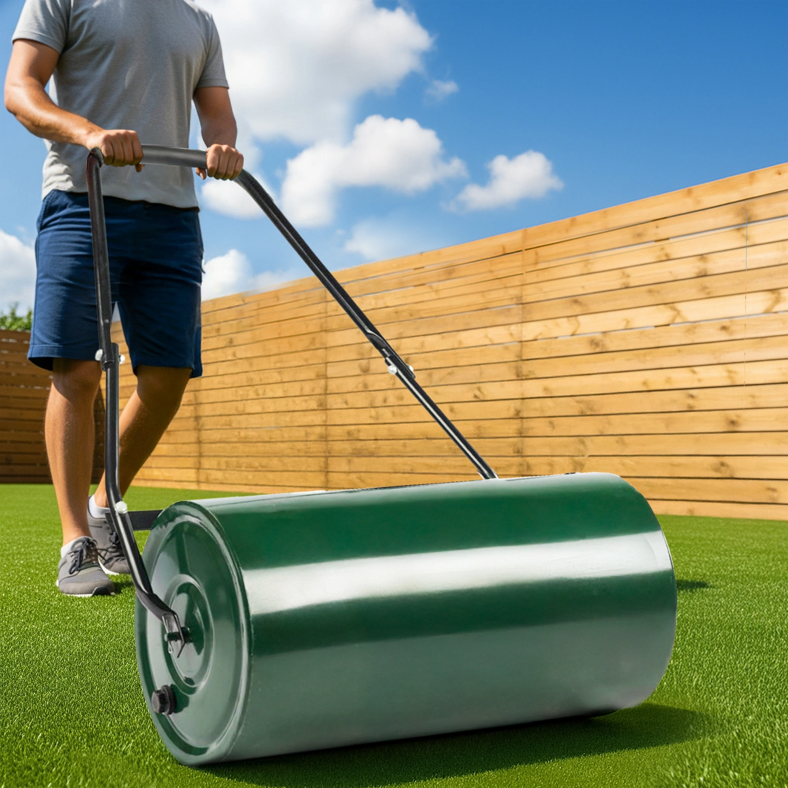 24in Heavy Duty Steel Lawn Roller, Garden Roller Can Be Filled with Water or Sand, Hand Roller with U-shaped Handle, Green & Black view 9