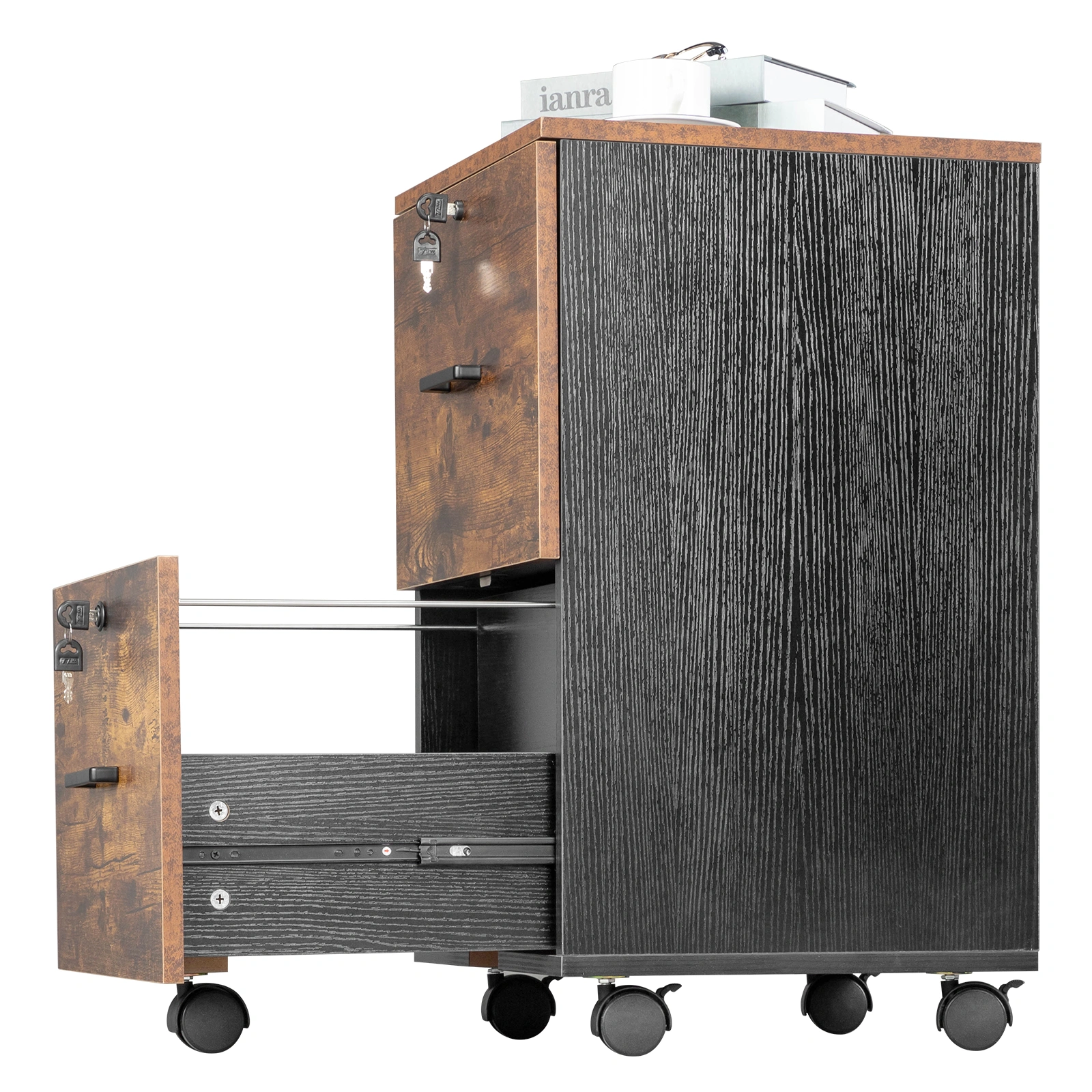 2-Drawer Rolling Wood File Cabinet with Lock, Brown & Black view 10