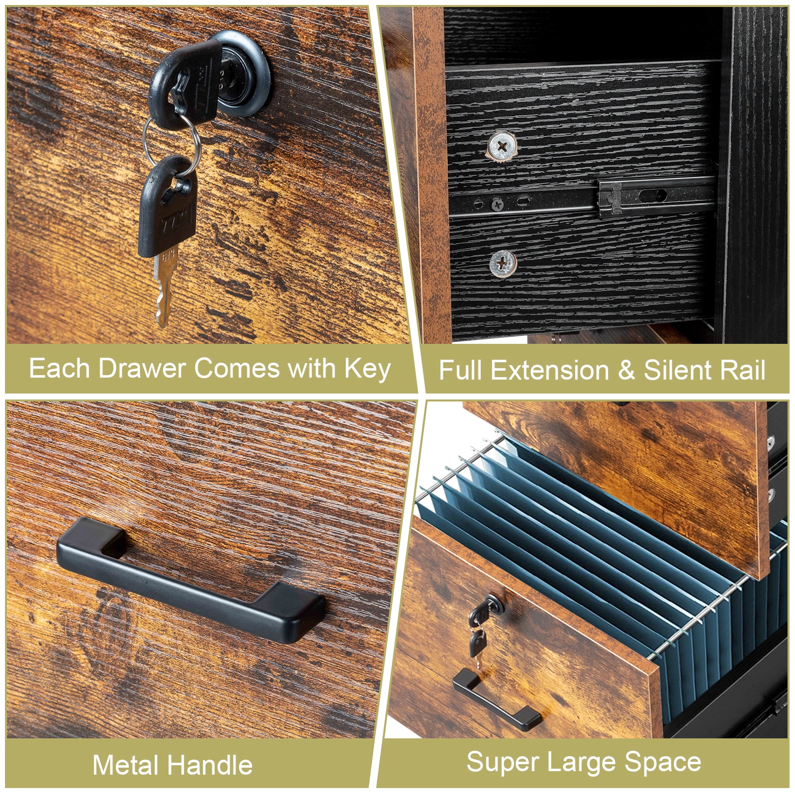 2-Drawer Rolling Wood File Cabinet with Lock, Brown & Black view 3