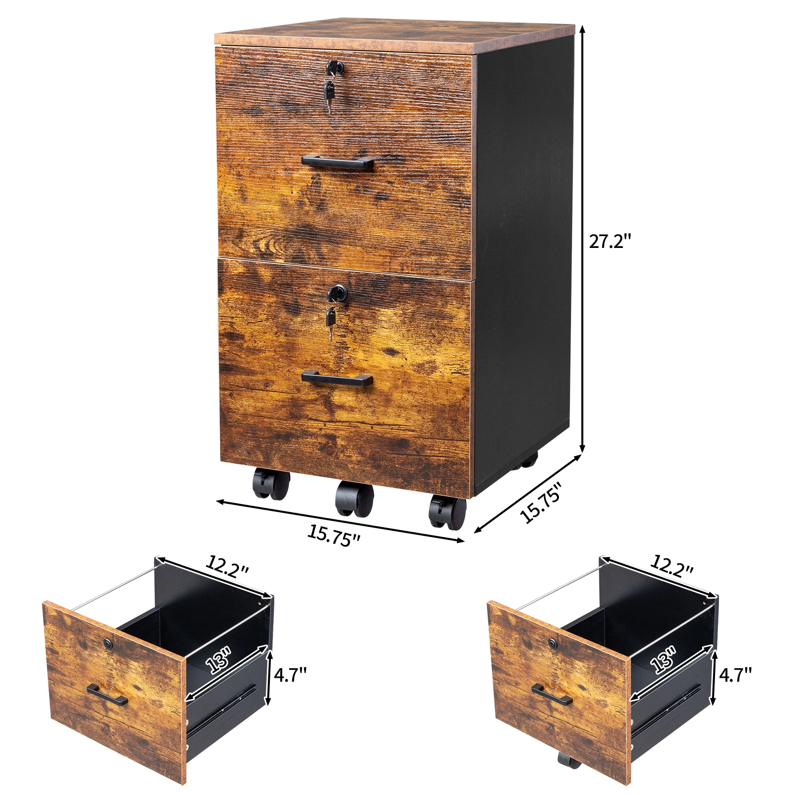 2-Drawer Rolling Wood File Cabinet with Lock, Brown & Black view 4