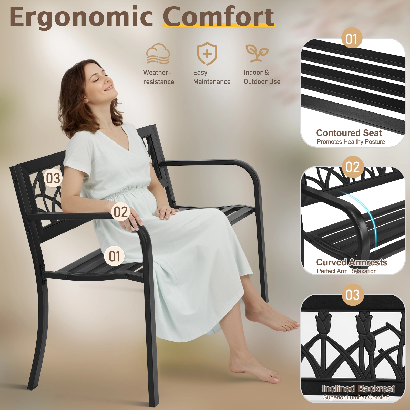 49in PVC Tulip Backrest Iron Bench Black view 13