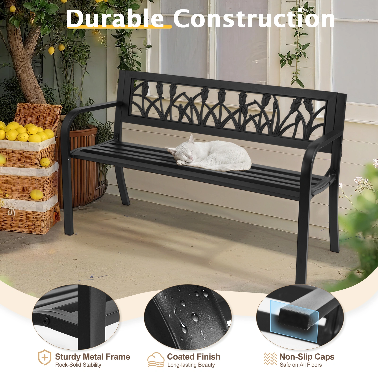 49in PVC Tulip Backrest Iron Bench Black view 14