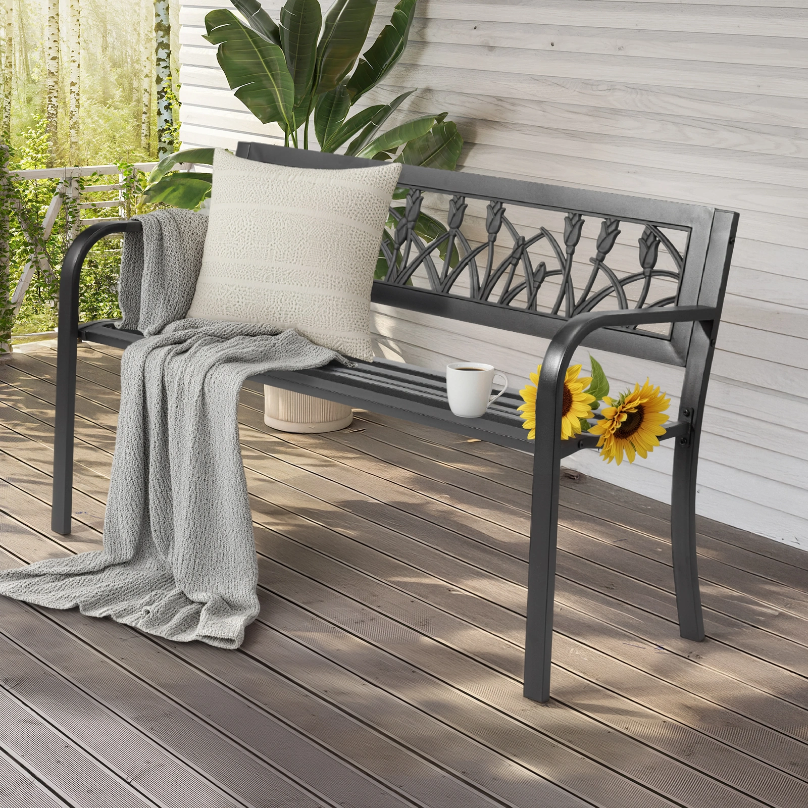 49in PVC Tulip Backrest Iron Bench Black view 17