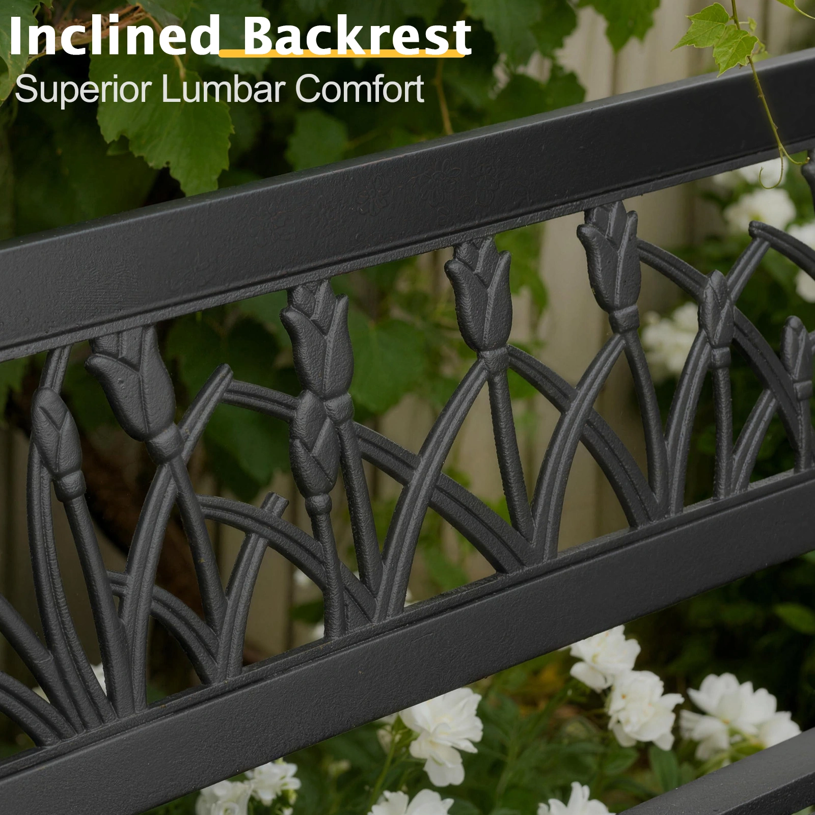 49in PVC Tulip Backrest Iron Bench Black view 3