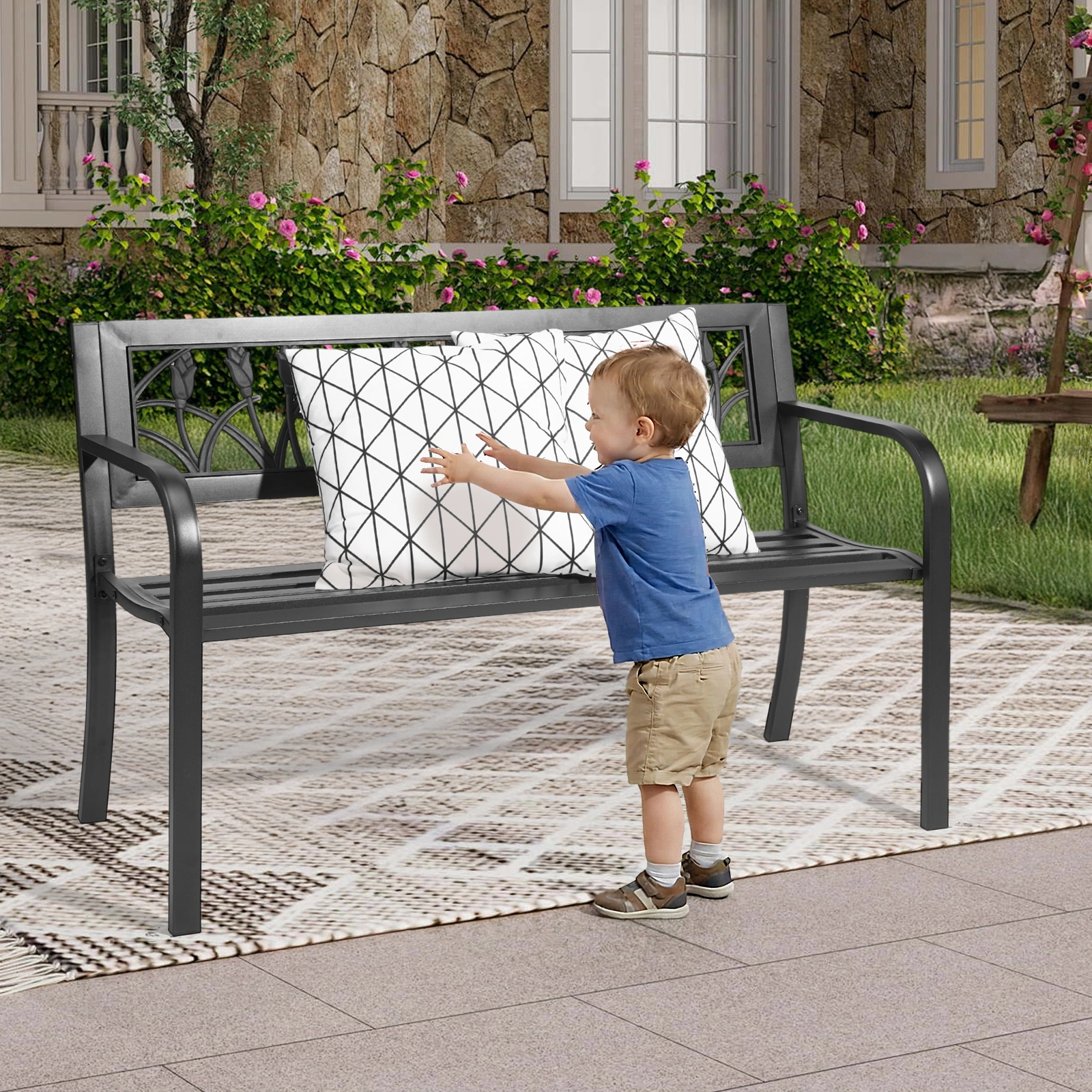 49in PVC Tulip Backrest Iron Bench Black view 8