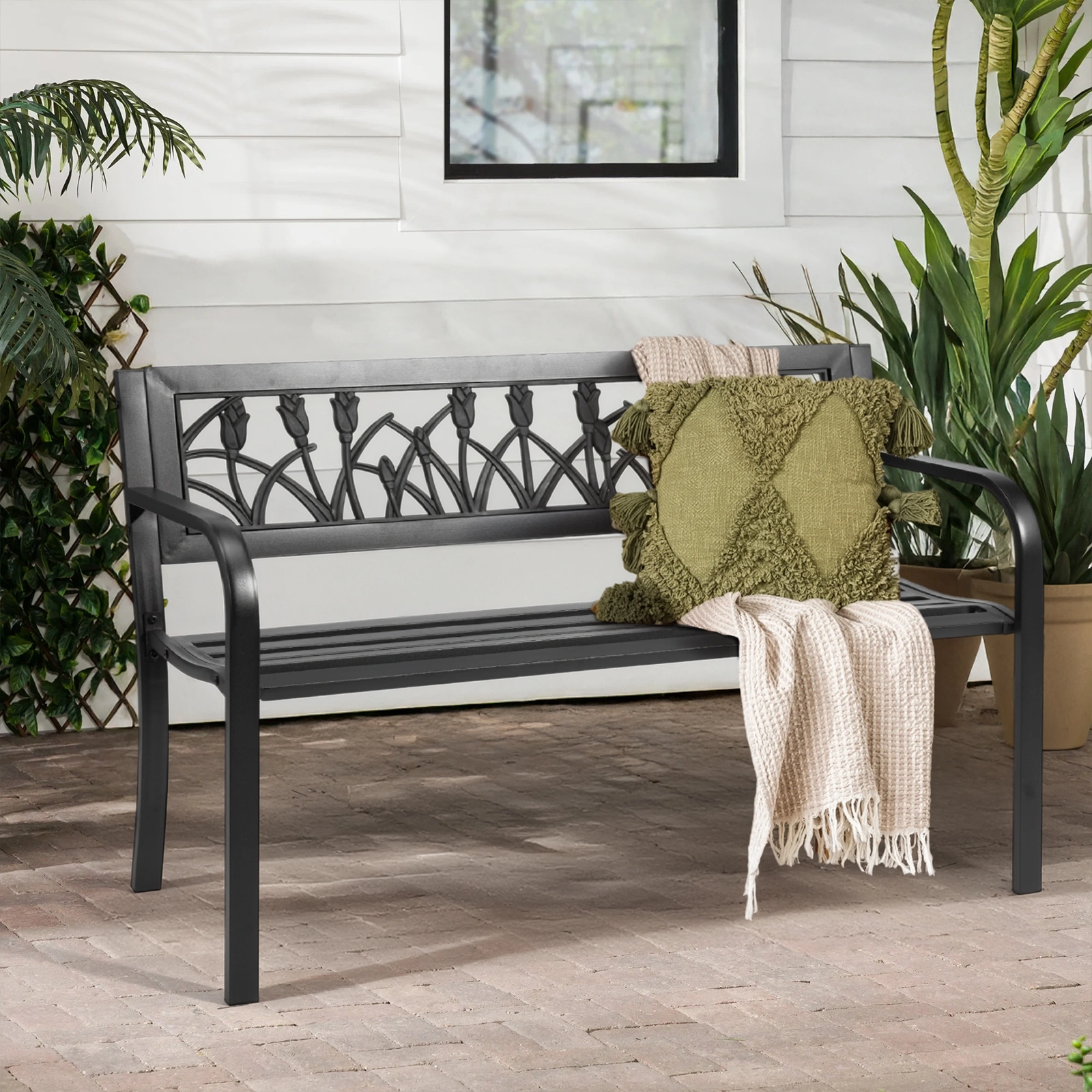 49in PVC Tulip Backrest Iron Bench Black view 9