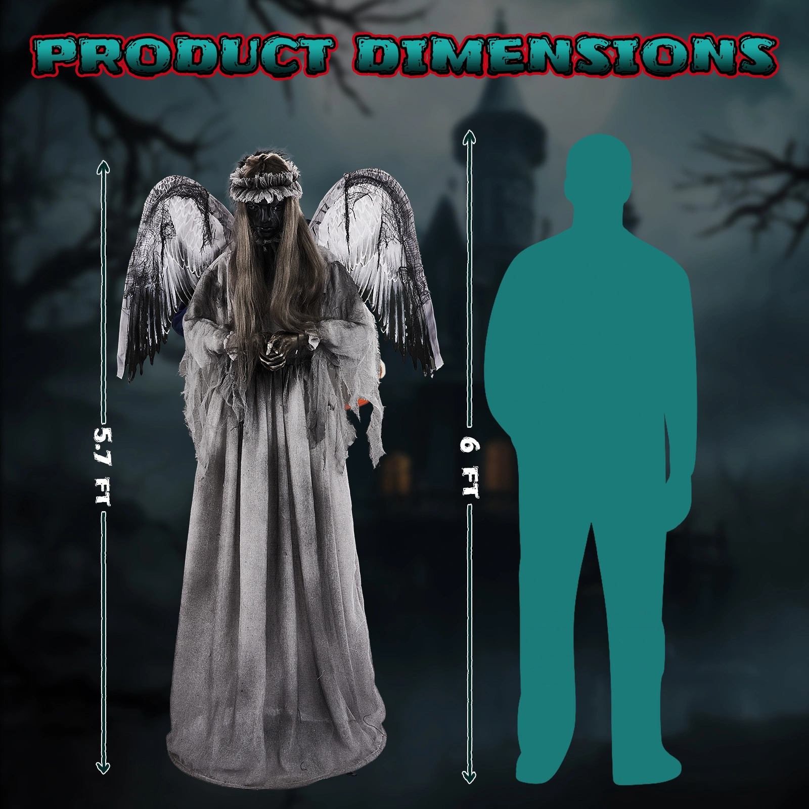 5.7ft Halloween Weeping Angel Animatronic - Sound-Activated Red Light-Up Eyes, Trembling/Turning/Head-L view 3