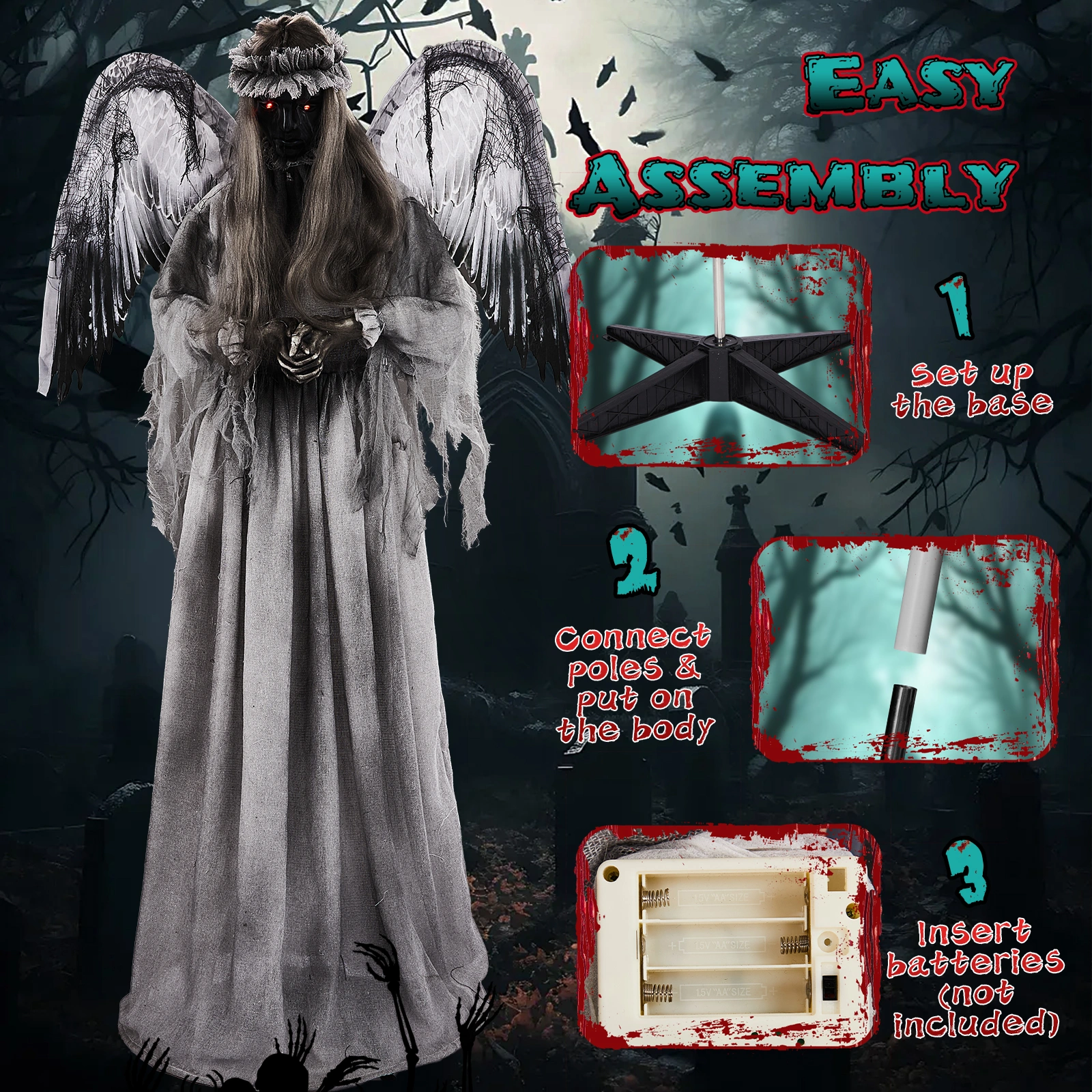 5.7ft Halloween Weeping Angel Animatronic - Sound-Activated Red Light-Up Eyes, Trembling/Turning/Head-L view 8