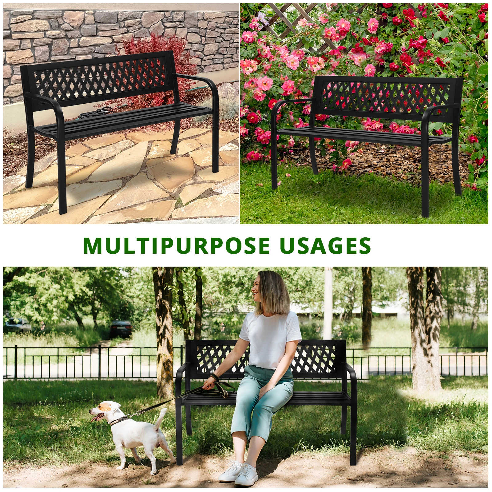 47in PVC Mesh Backrest Iron Bench Black view 10