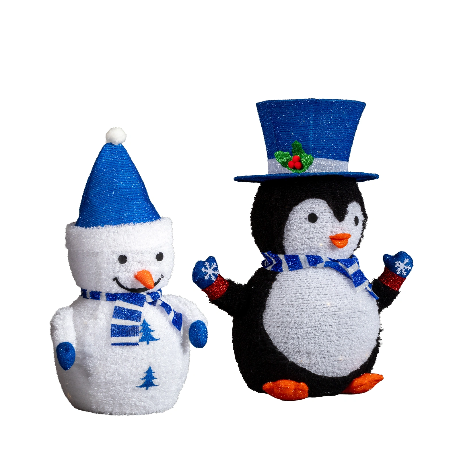 Set of 2 Lighted Plush Penguin and Snowman Pull Up Yard Decor, Pre-lit with 100 Warm White LEDs, for Xmas Outdoor Indoor Holiday Display, White view 3