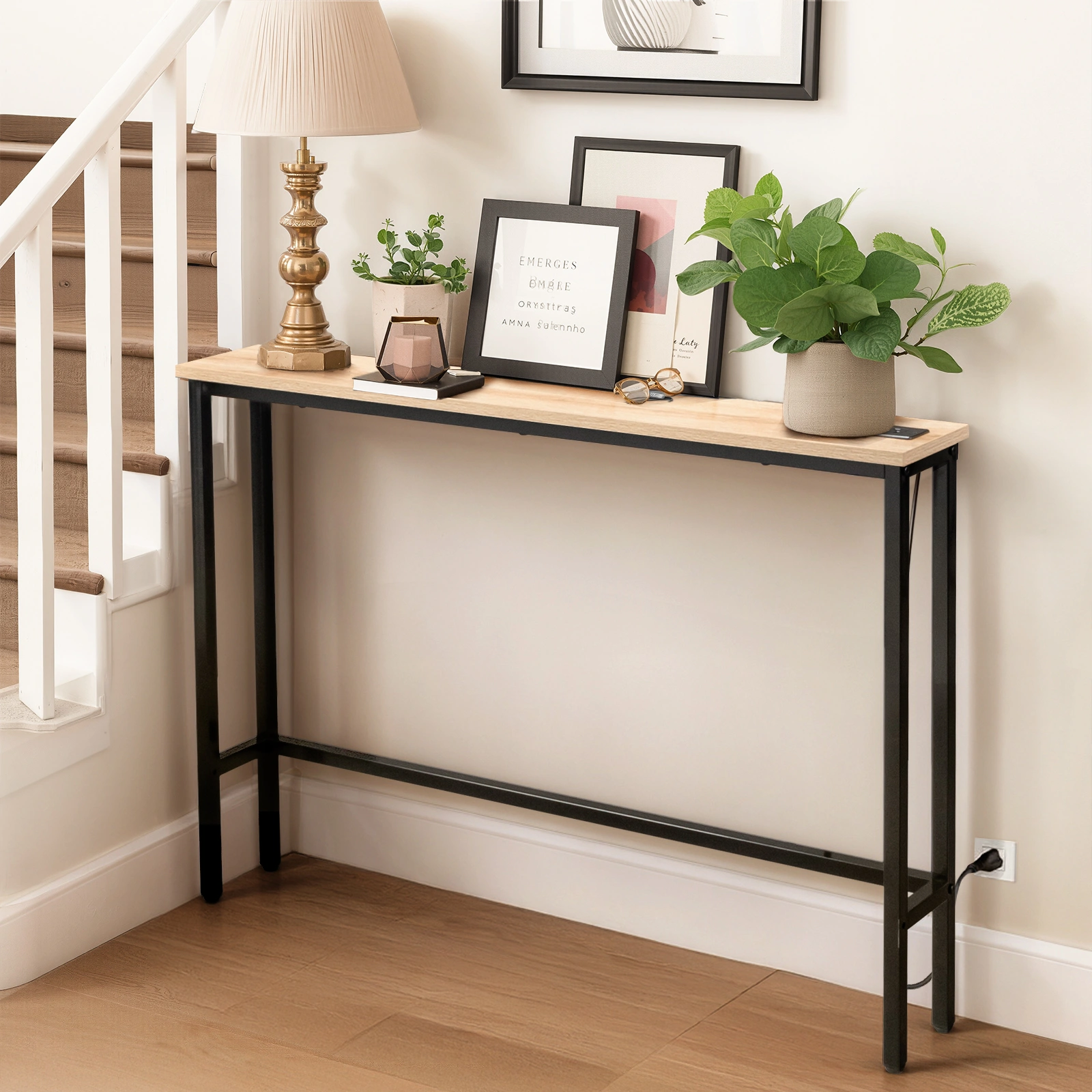 39.4" Narrow Console Sofa Table with Power Outlets and USB Ports, Skinny Couch Table with Metal Frame and Charge Station with 4.9ft Extension Cord, Oak view 10