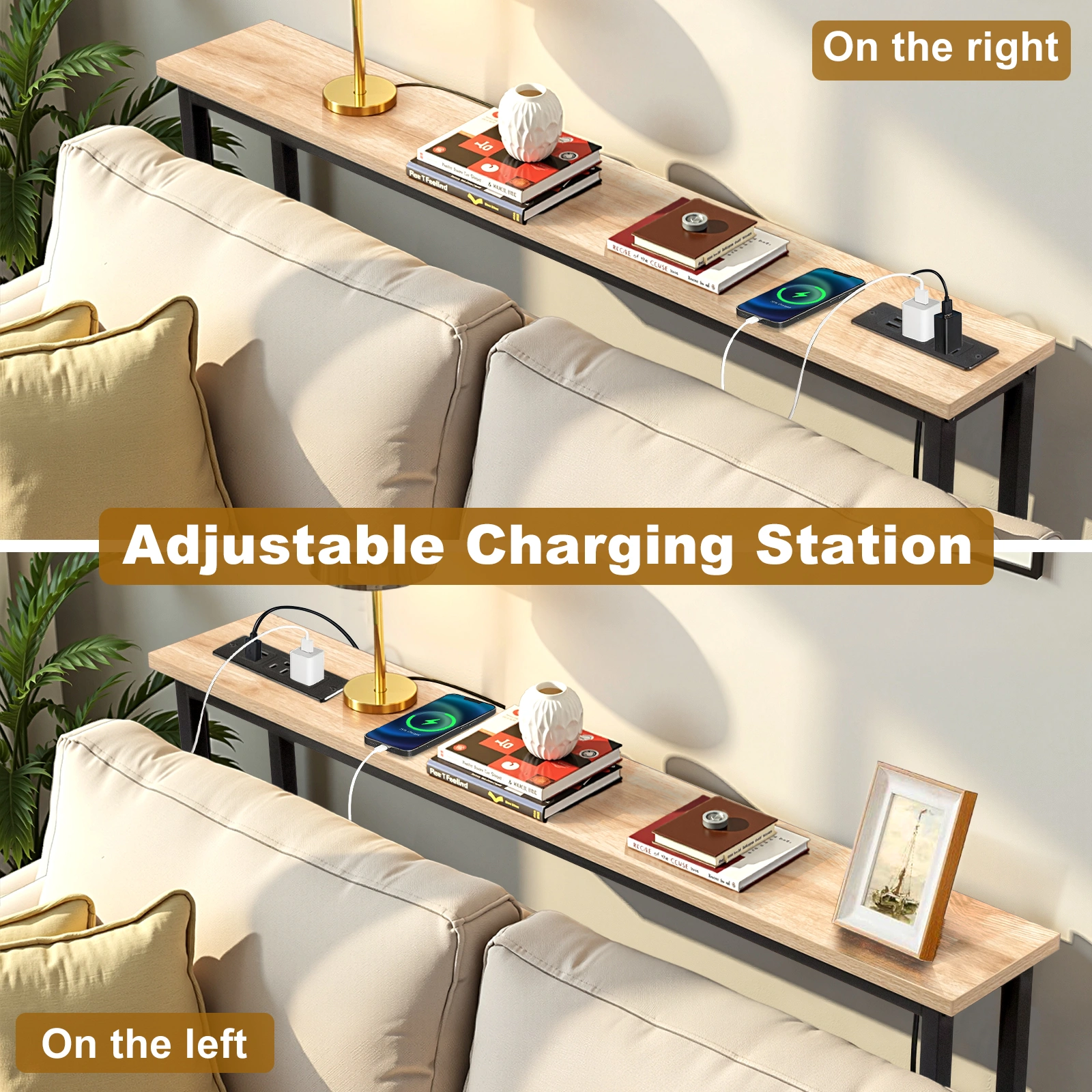 39.4" Narrow Console Sofa Table with Power Outlets and USB Ports, Skinny Couch Table with Metal Frame and Charge Station with 4.9ft Extension Cord, Oak view 11