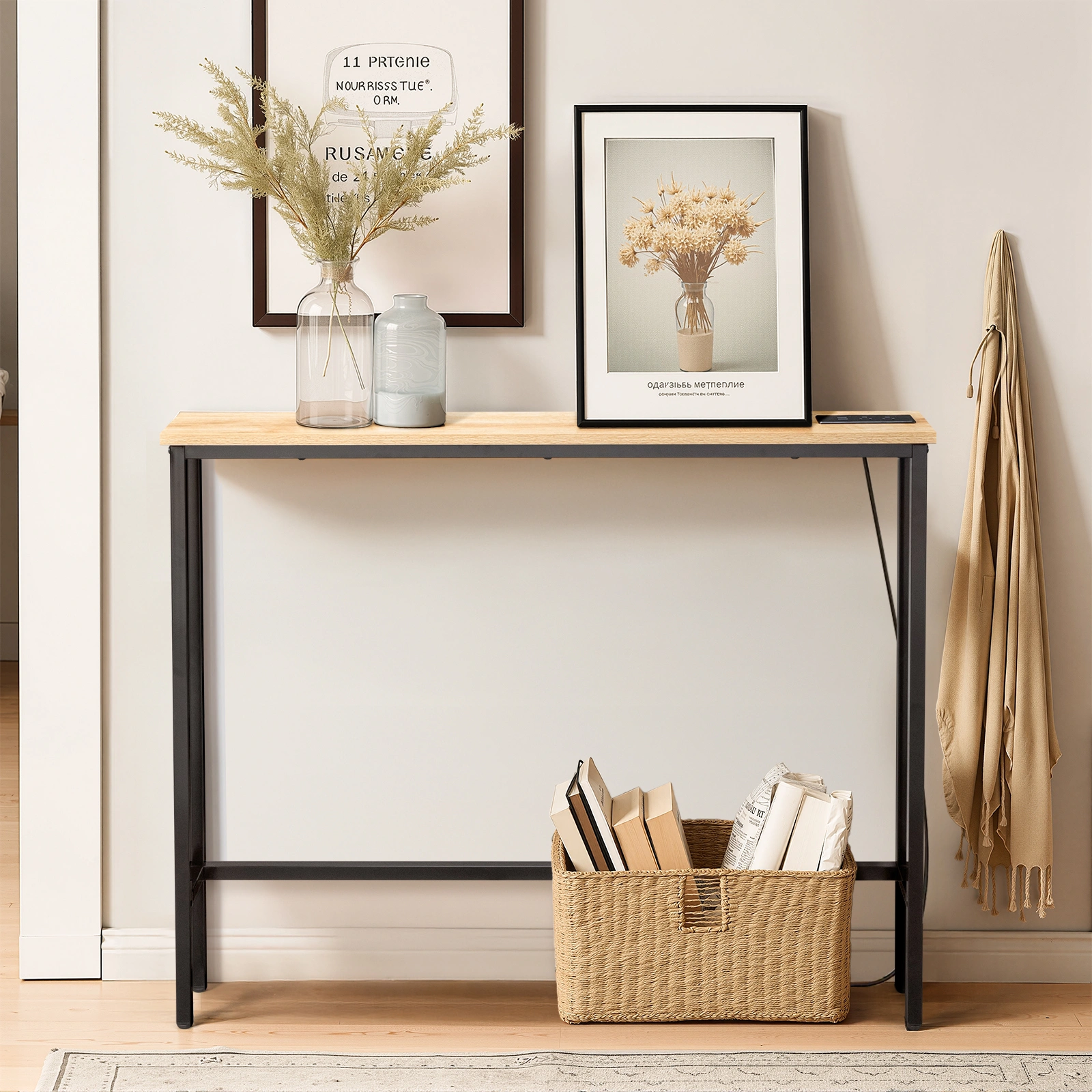 39.4" Narrow Console Sofa Table with Power Outlets and USB Ports, Skinny Couch Table with Metal Frame and Charge Station with 4.9ft Extension Cord, Oak view 12