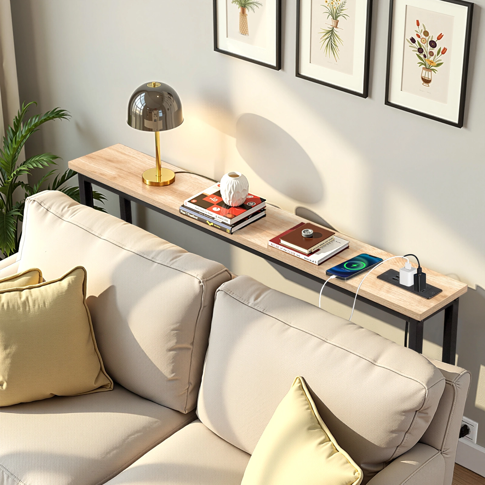 39.4" Narrow Console Sofa Table with Power Outlets and USB Ports, Skinny Couch Table with Metal Frame and Charge Station with 4.9ft Extension Cord, Oak view 13